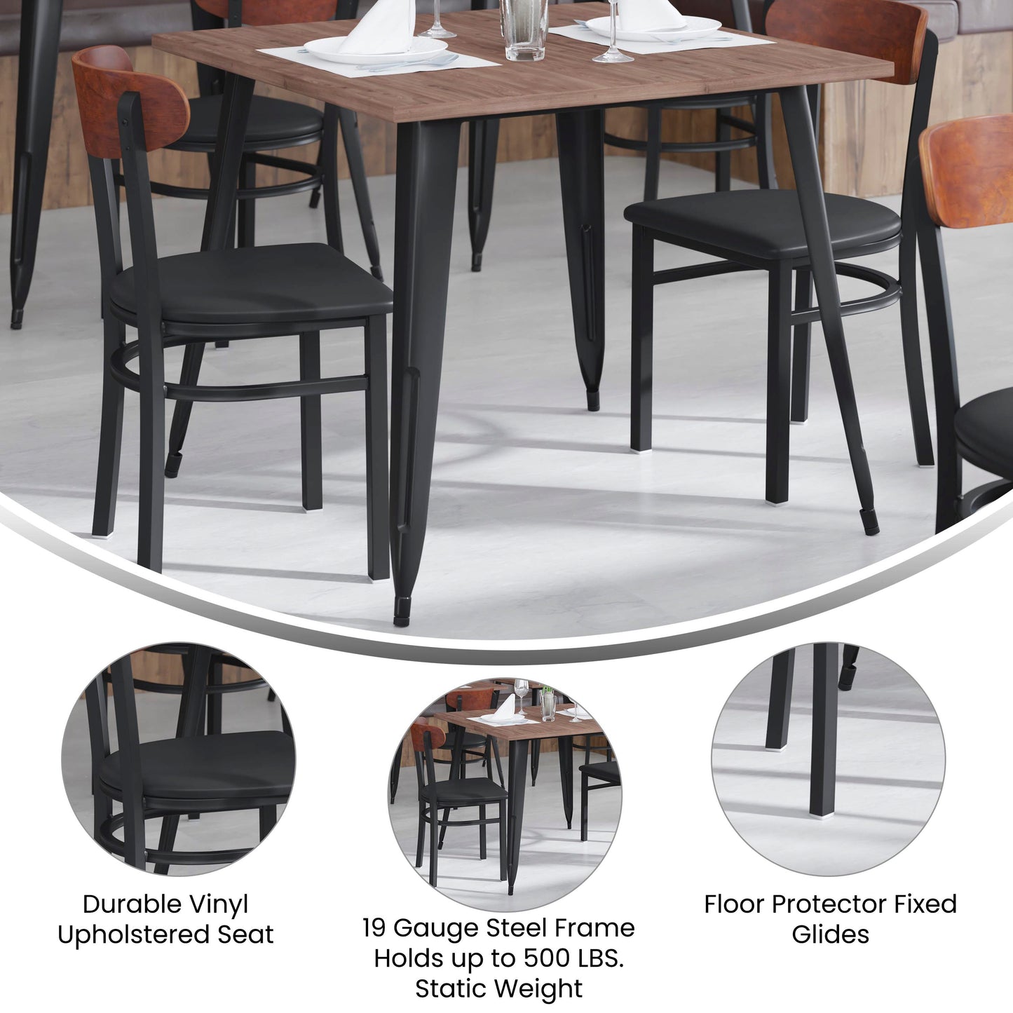 Wright Commercial Dining Chair with 500 LB. Capacity Black Steel Frame, Walnut Finish Wooden Boomerang Back, and Black Vinyl Seat Walnut Wood Back/Black Vinyl Seat