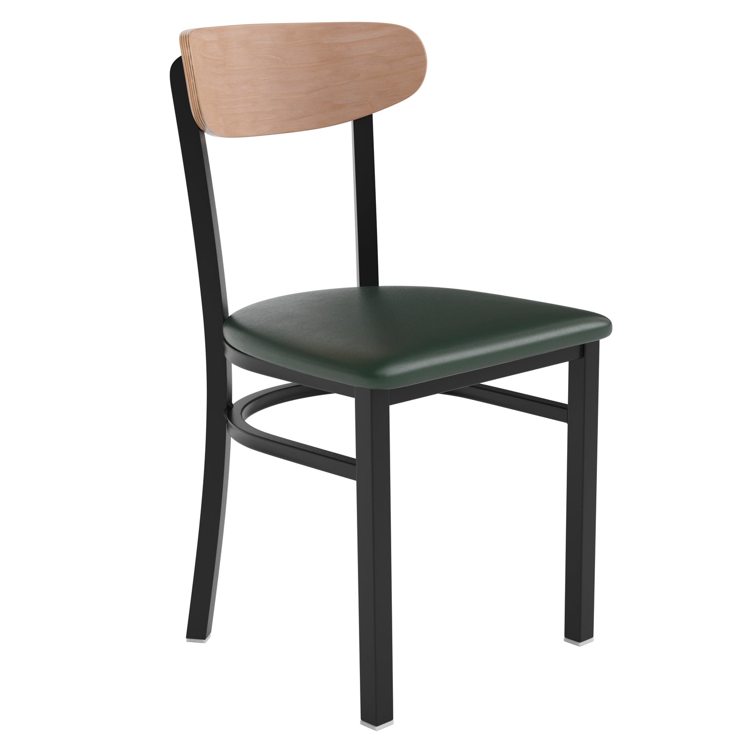 Wright Commercial Dining Chair with 500 LB. Capacity Black Steel Frame, Natural Birch Finish Wooden Boomerang Back, and Green Vinyl Seat Natural Birch Wood Back/Green Vinyl Seat