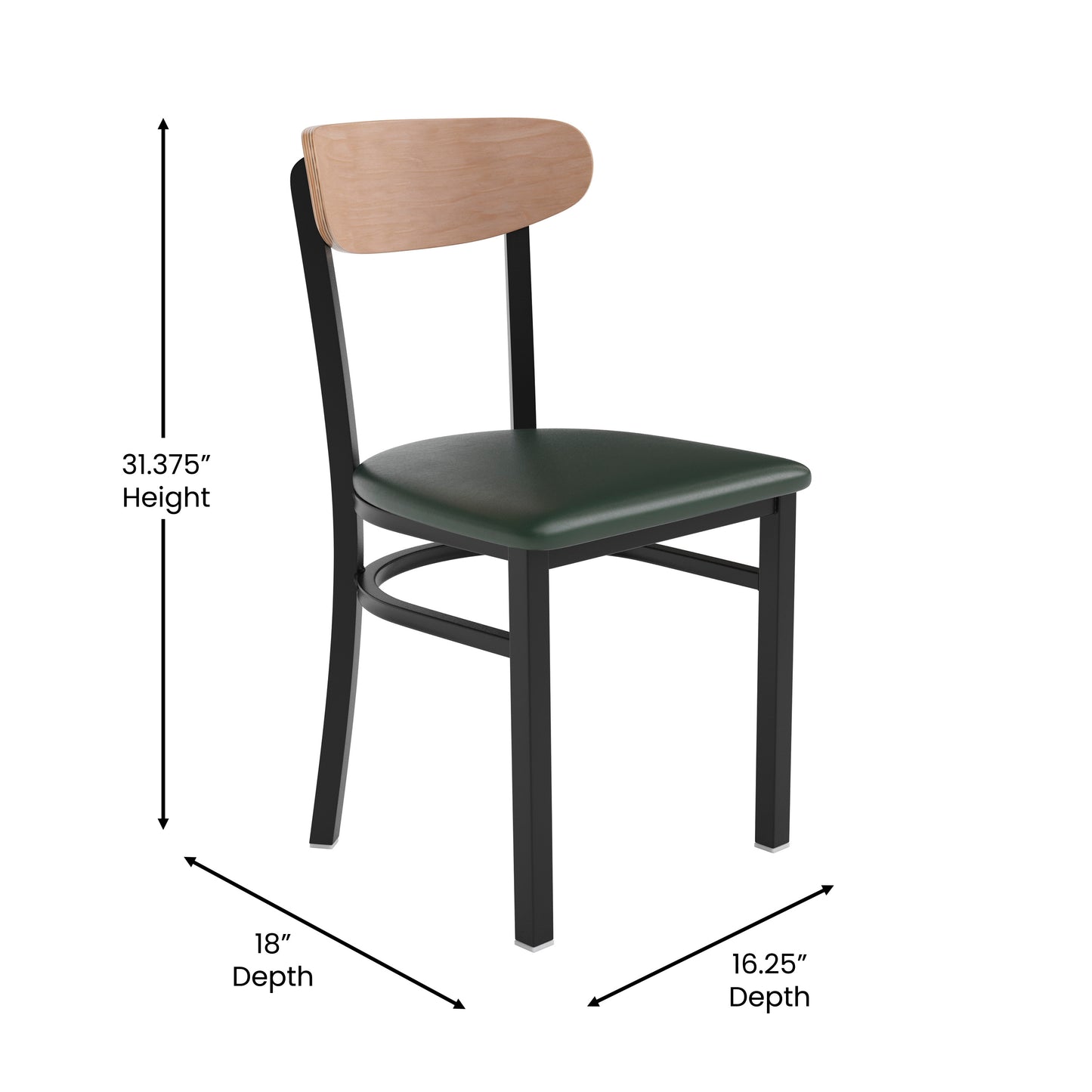 Wright Commercial Dining Chair with 500 LB. Capacity Black Steel Frame, Natural Birch Finish Wooden Boomerang Back, and Green Vinyl Seat Natural Birch Wood Back/Green Vinyl Seat