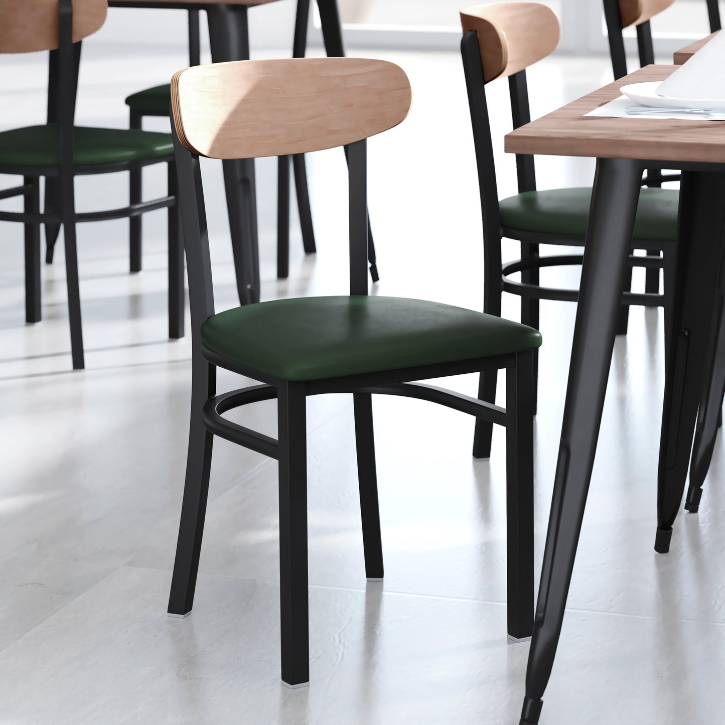 Wright Commercial Dining Chair with 500 LB. Capacity Black Steel Frame, Natural Birch Finish Wooden Boomerang Back, and Green Vinyl Seat Natural Birch Wood Back/Green Vinyl Seat