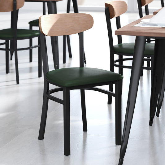 Wright Commercial Dining Chair with 500 LB. Capacity Black Steel Frame, Natural Birch Finish Wooden Boomerang Back, and Green Vinyl Seat Natural Birch Wood Back/Green Vinyl Seat XU-DG6V5GNV-NAT-GG