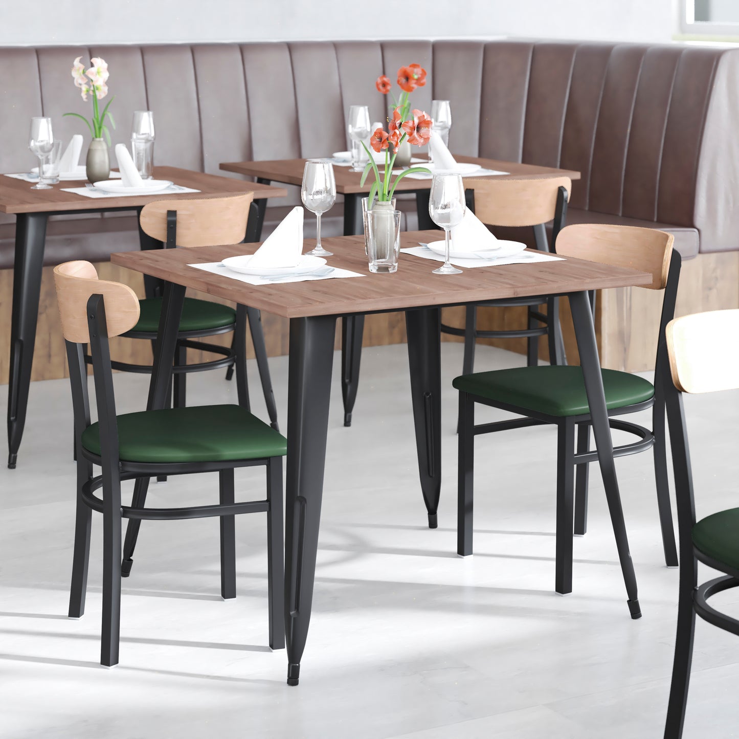 Wright Commercial Dining Chair with 500 LB. Capacity Black Steel Frame, Natural Birch Finish Wooden Boomerang Back, and Green Vinyl Seat Natural Birch Wood Back/Green Vinyl Seat