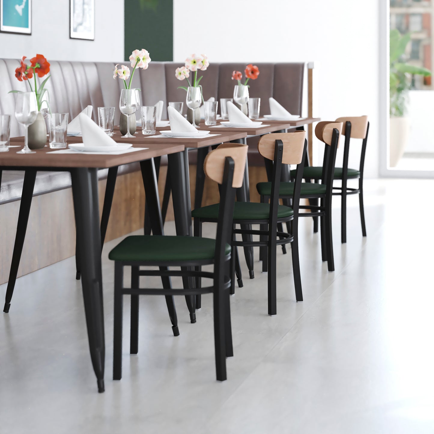 Wright Commercial Dining Chair with 500 LB. Capacity Black Steel Frame, Natural Birch Finish Wooden Boomerang Back, and Green Vinyl Seat Natural Birch Wood Back/Green Vinyl Seat