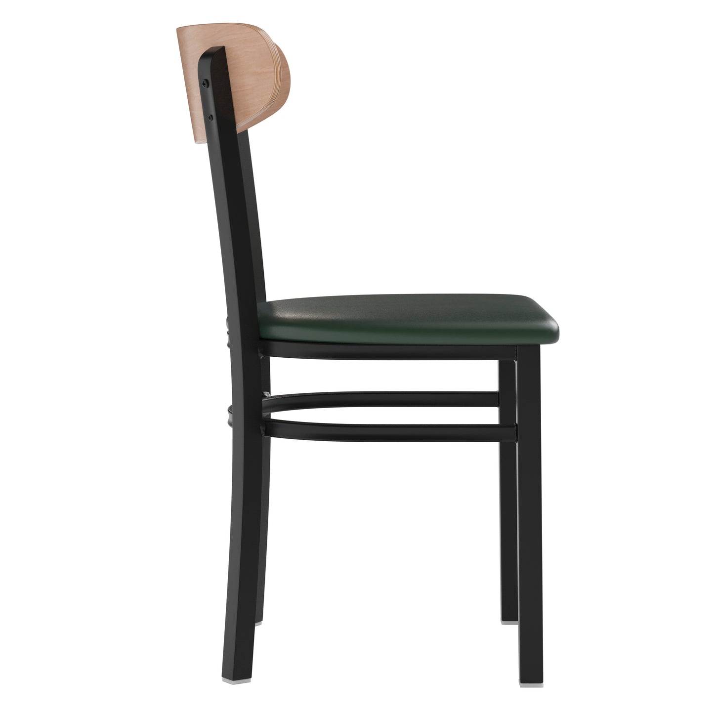 Wright Commercial Dining Chair with 500 LB. Capacity Black Steel Frame, Natural Birch Finish Wooden Boomerang Back, and Green Vinyl Seat Natural Birch Wood Back/Green Vinyl Seat