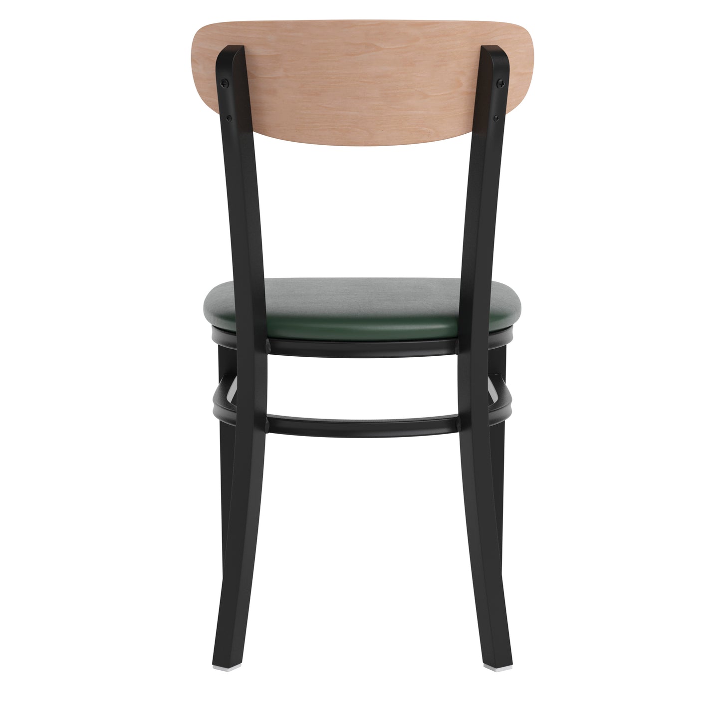 Wright Commercial Dining Chair with 500 LB. Capacity Black Steel Frame, Natural Birch Finish Wooden Boomerang Back, and Green Vinyl Seat Natural Birch Wood Back/Green Vinyl Seat