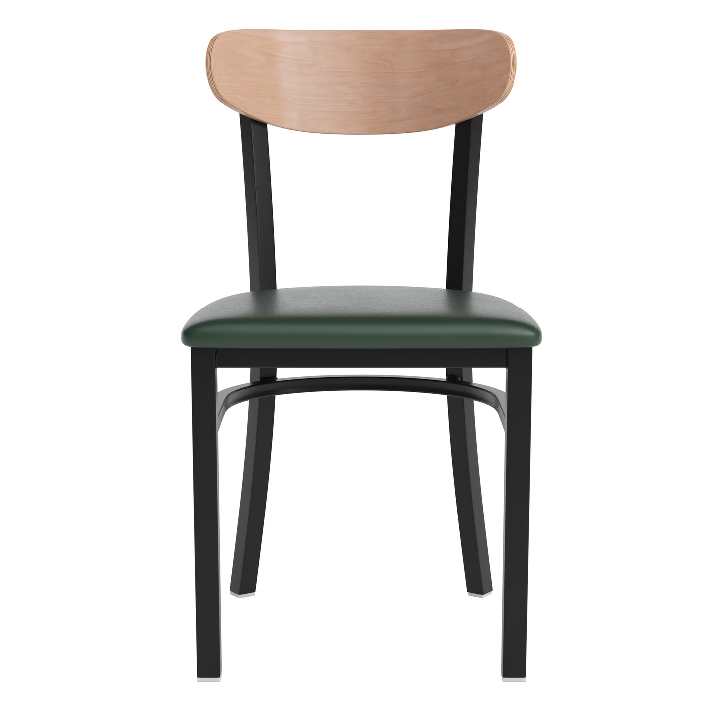 Wright Commercial Dining Chair with 500 LB. Capacity Black Steel Frame, Natural Birch Finish Wooden Boomerang Back, and Green Vinyl Seat Natural Birch Wood Back/Green Vinyl Seat