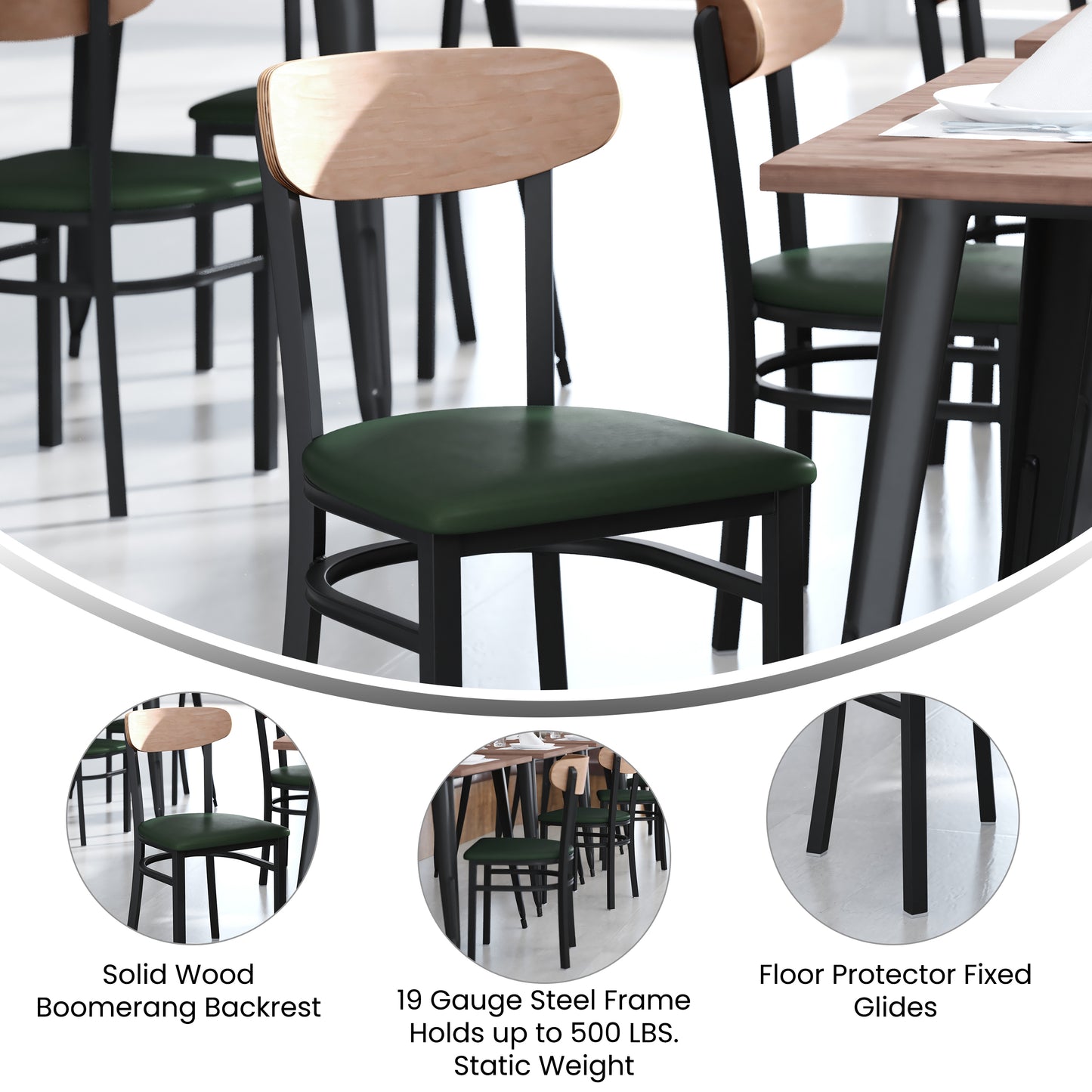 Wright Commercial Dining Chair with 500 LB. Capacity Black Steel Frame, Natural Birch Finish Wooden Boomerang Back, and Green Vinyl Seat Natural Birch Wood Back/Green Vinyl Seat