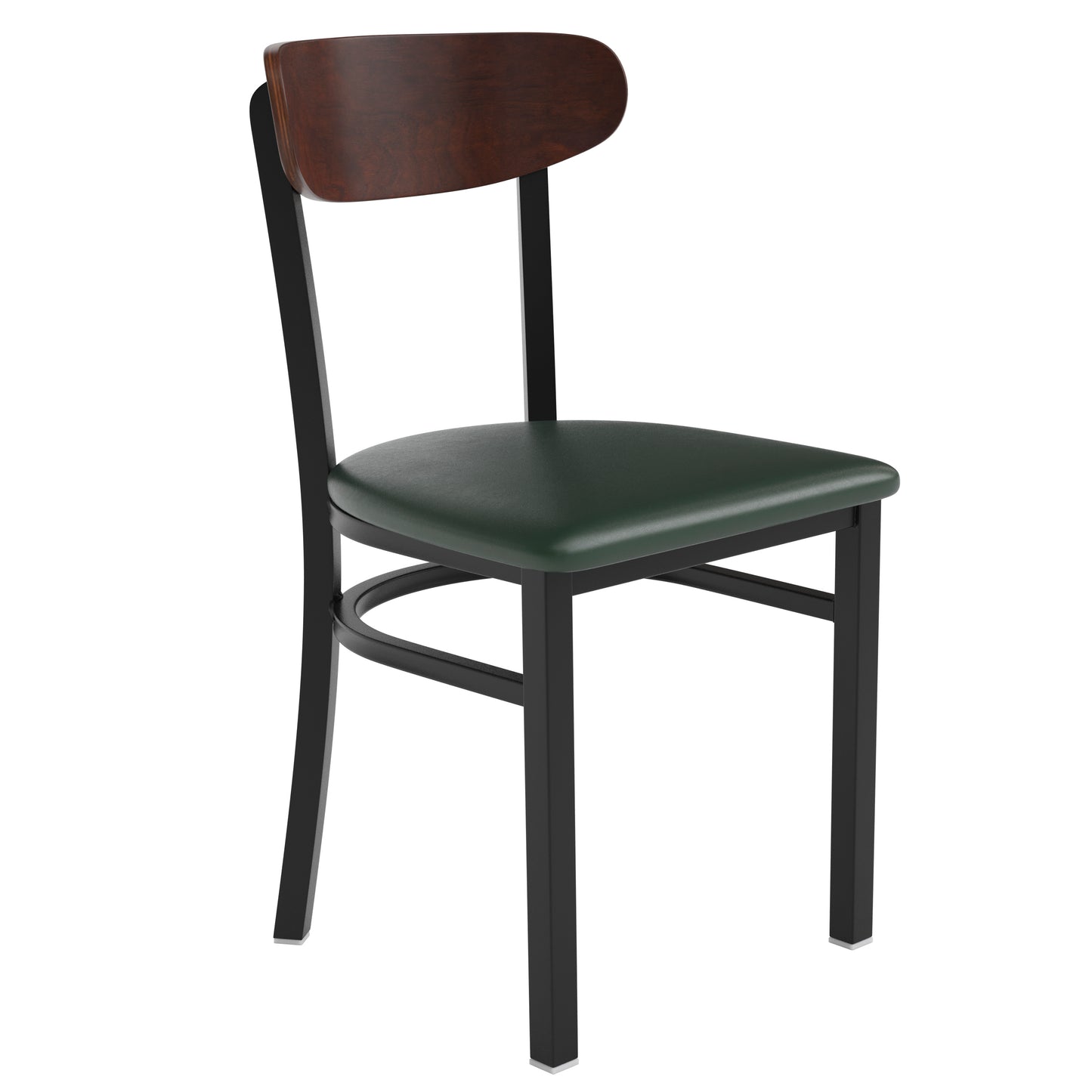 Wright Commercial Dining Chair with 500 LB. Capacity Black Steel Frame, Walnut Finish Wooden Boomerang Back, and Green Vinyl Seat Walnut Wood Back/Green Vinyl Seat