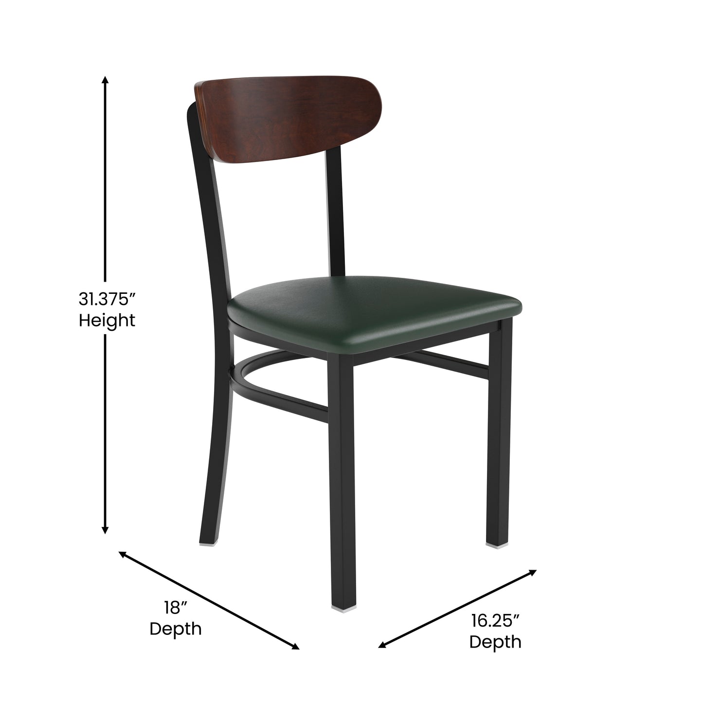 Wright Commercial Dining Chair with 500 LB. Capacity Black Steel Frame, Walnut Finish Wooden Boomerang Back, and Green Vinyl Seat Walnut Wood Back/Green Vinyl Seat