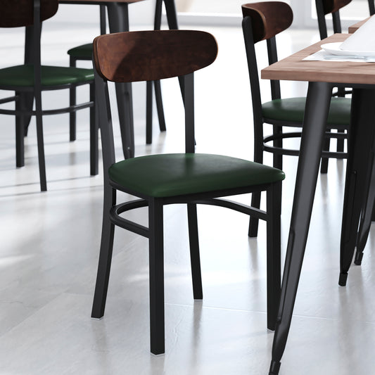 Wright Commercial Dining Chair with 500 LB. Capacity Black Steel Frame, Walnut Finish Wooden Boomerang Back, and Green Vinyl Seat Walnut Wood Back/Green Vinyl Seat XU-DG6V5GNV-WAL-GG