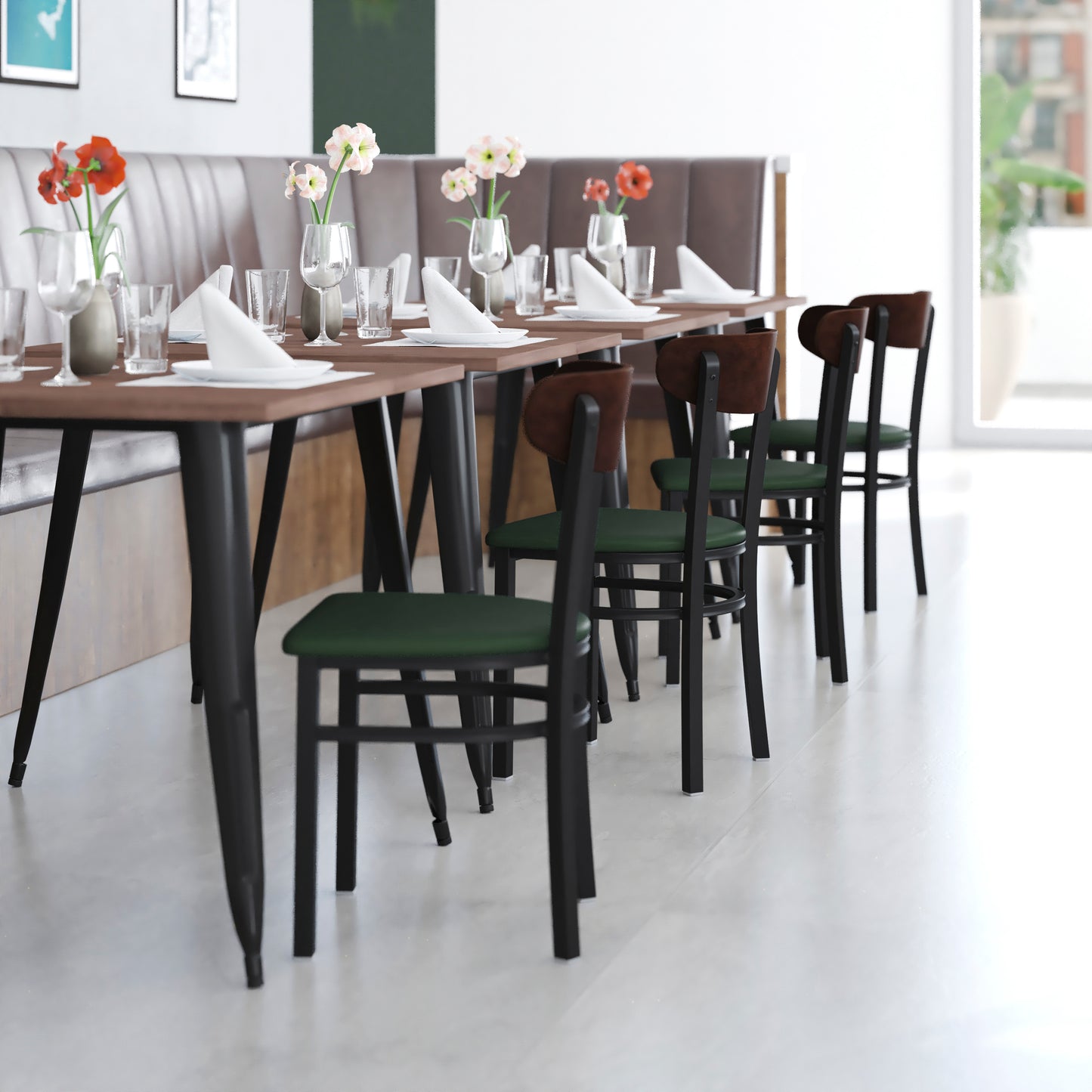 Wright Commercial Dining Chair with 500 LB. Capacity Black Steel Frame, Walnut Finish Wooden Boomerang Back, and Green Vinyl Seat Walnut Wood Back/Green Vinyl Seat