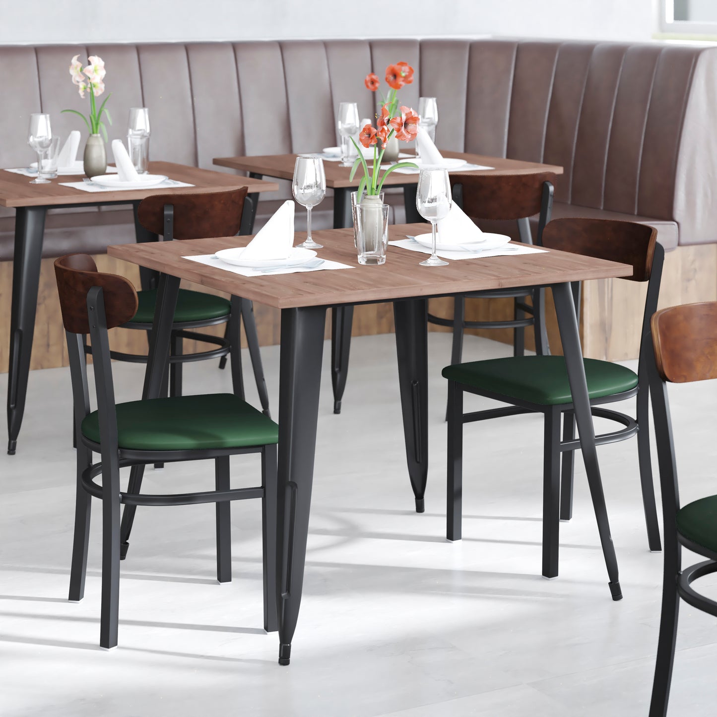 Wright Commercial Dining Chair with 500 LB. Capacity Black Steel Frame, Walnut Finish Wooden Boomerang Back, and Green Vinyl Seat Walnut Wood Back/Green Vinyl Seat