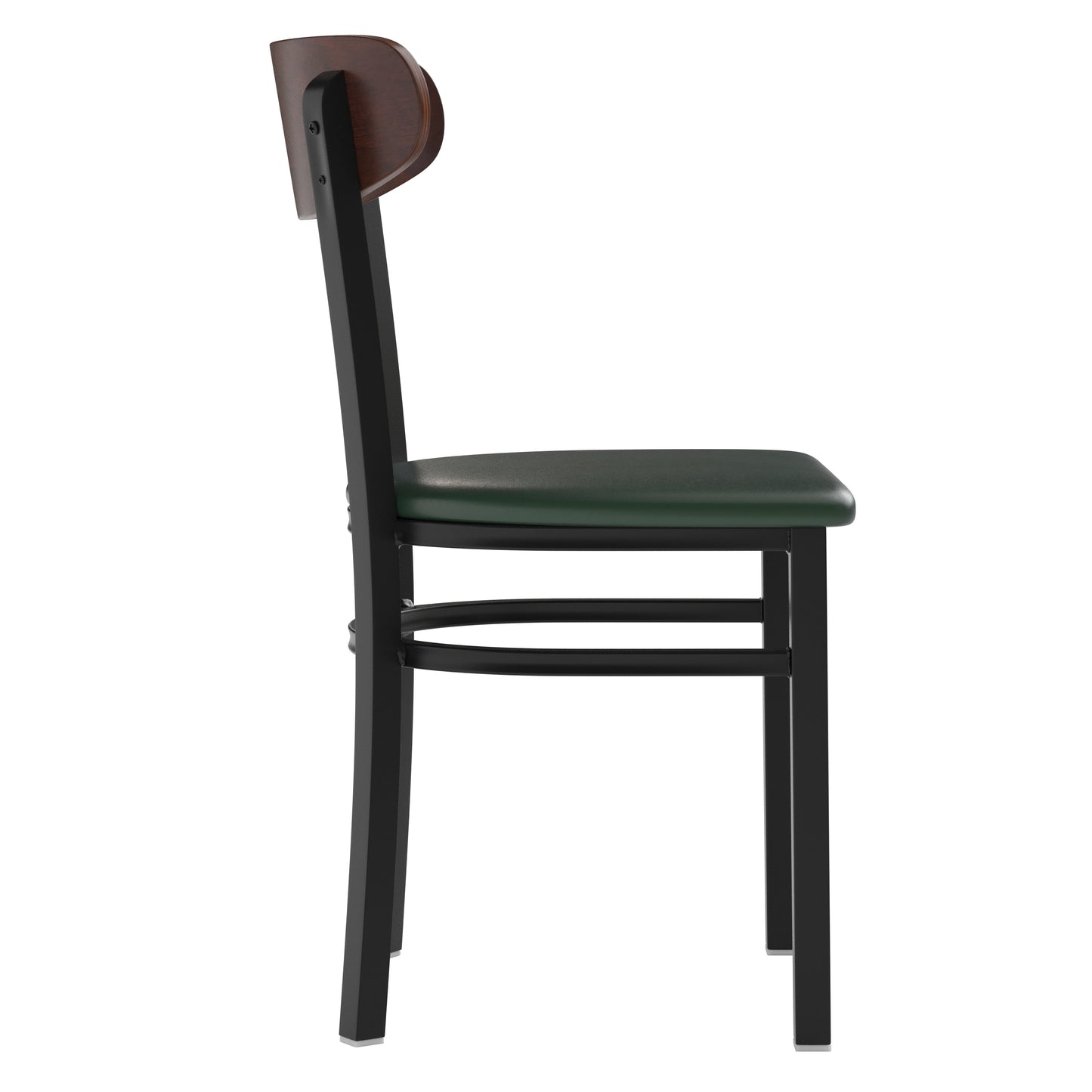 Wright Commercial Dining Chair with 500 LB. Capacity Black Steel Frame, Walnut Finish Wooden Boomerang Back, and Green Vinyl Seat Walnut Wood Back/Green Vinyl Seat