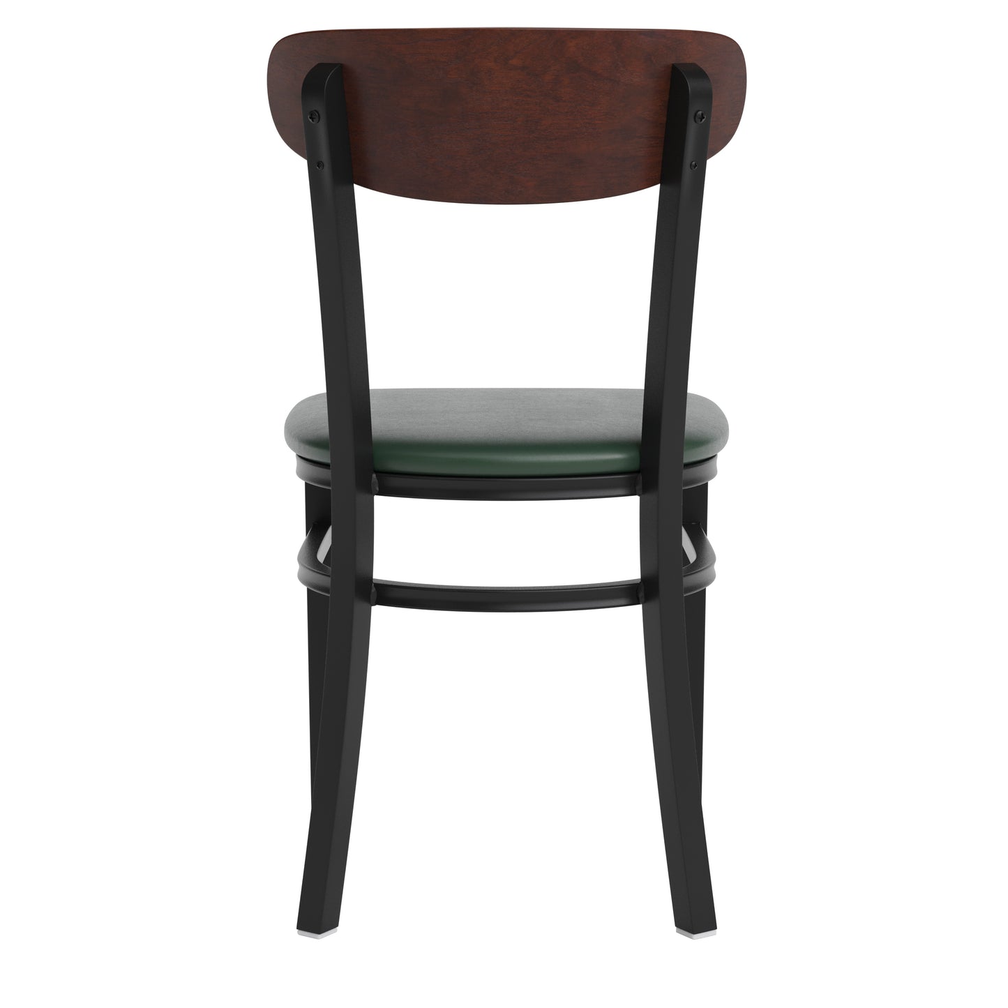 Wright Commercial Dining Chair with 500 LB. Capacity Black Steel Frame, Walnut Finish Wooden Boomerang Back, and Green Vinyl Seat Walnut Wood Back/Green Vinyl Seat