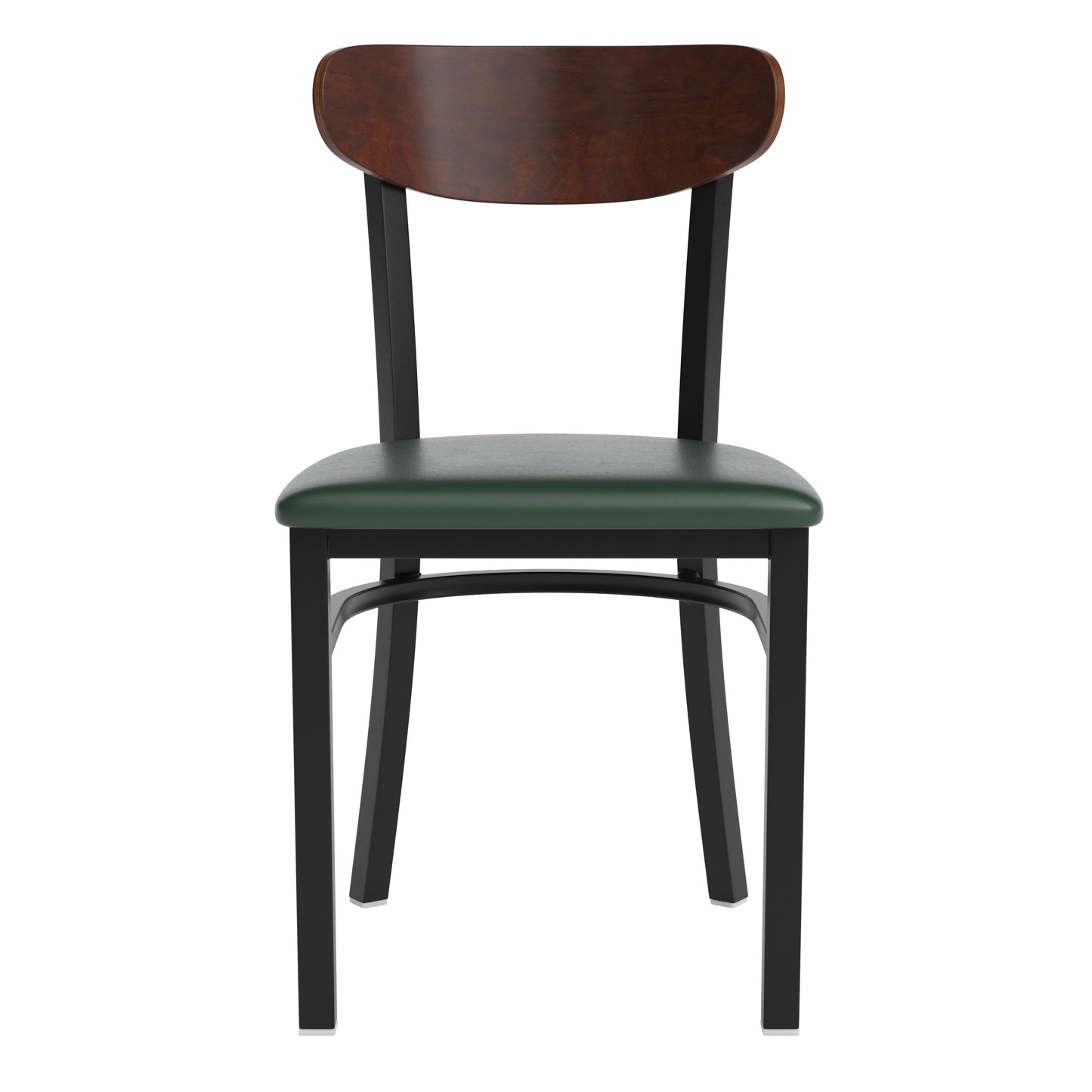 Wright Commercial Dining Chair with 500 LB. Capacity Black Steel Frame, Walnut Finish Wooden Boomerang Back, and Green Vinyl Seat Walnut Wood Back/Green Vinyl Seat