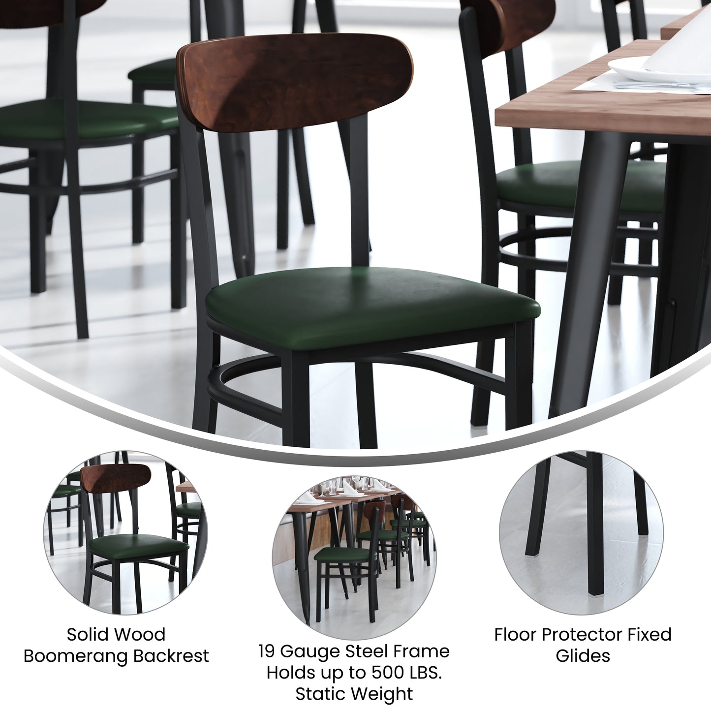 Wright Commercial Dining Chair with 500 LB. Capacity Black Steel Frame, Walnut Finish Wooden Boomerang Back, and Green Vinyl Seat Walnut Wood Back/Green Vinyl Seat
