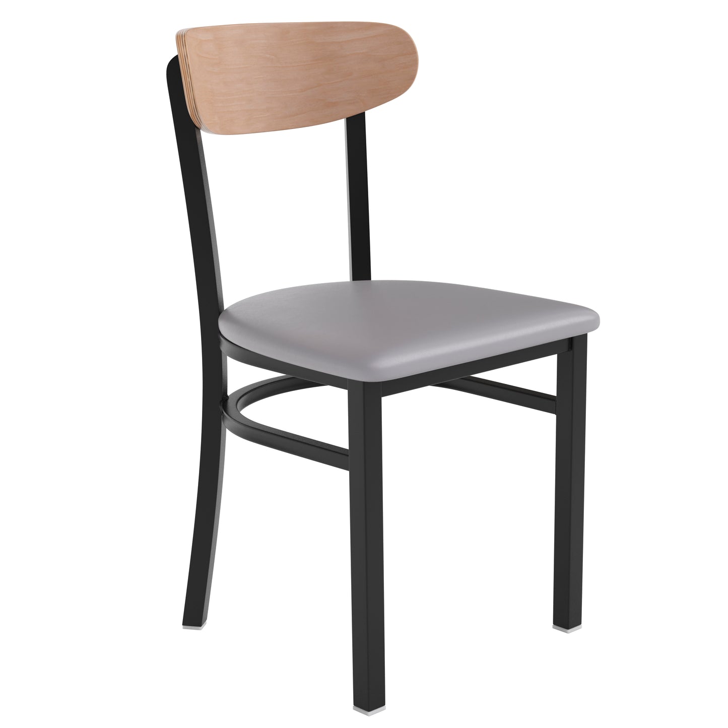Wright Commercial Dining Chair with 500 LB. Capacity Black Steel Frame, Natural Birch Finish Wooden Boomerang Back, and Gray Vinyl Seat Natural Birch Wood Back/Gray Vinyl Seat