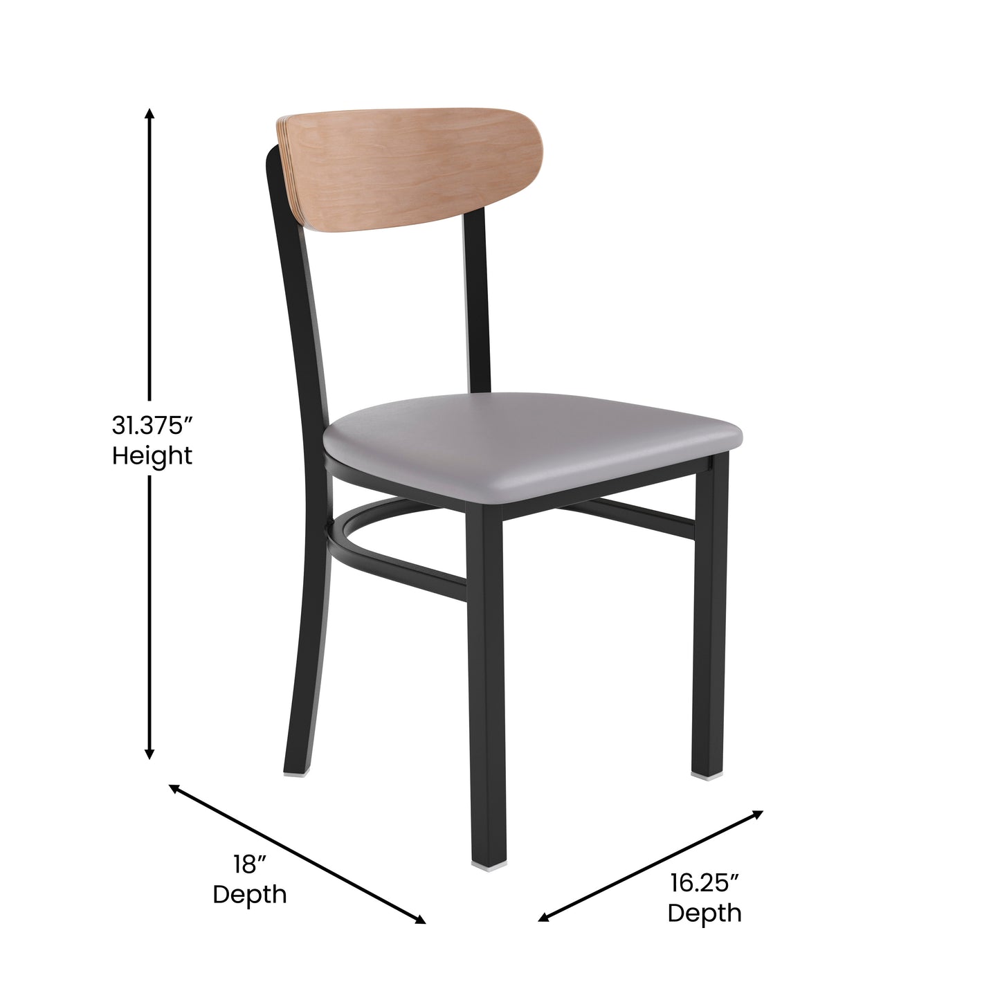 Wright Commercial Dining Chair with 500 LB. Capacity Black Steel Frame, Natural Birch Finish Wooden Boomerang Back, and Gray Vinyl Seat Natural Birch Wood Back/Gray Vinyl Seat