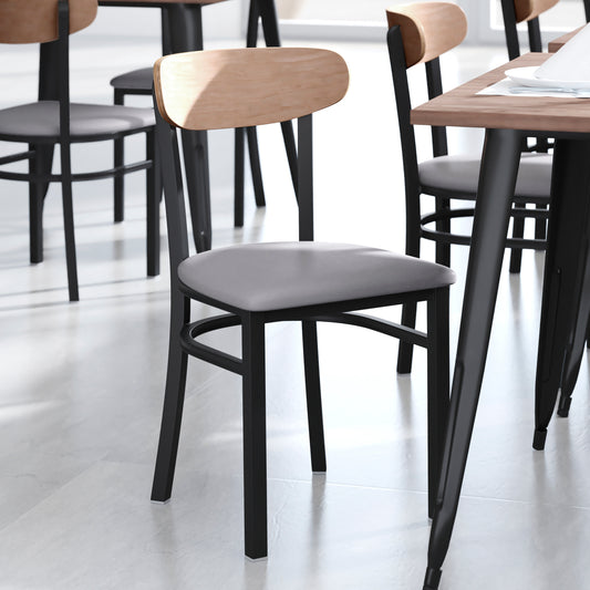 Wright Commercial Dining Chair with 500 LB. Capacity Black Steel Frame, Natural Birch Finish Wooden Boomerang Back, and Gray Vinyl Seat Natural Birch Wood Back/Gray Vinyl Seat XU-DG6V5GYV-NAT-GG