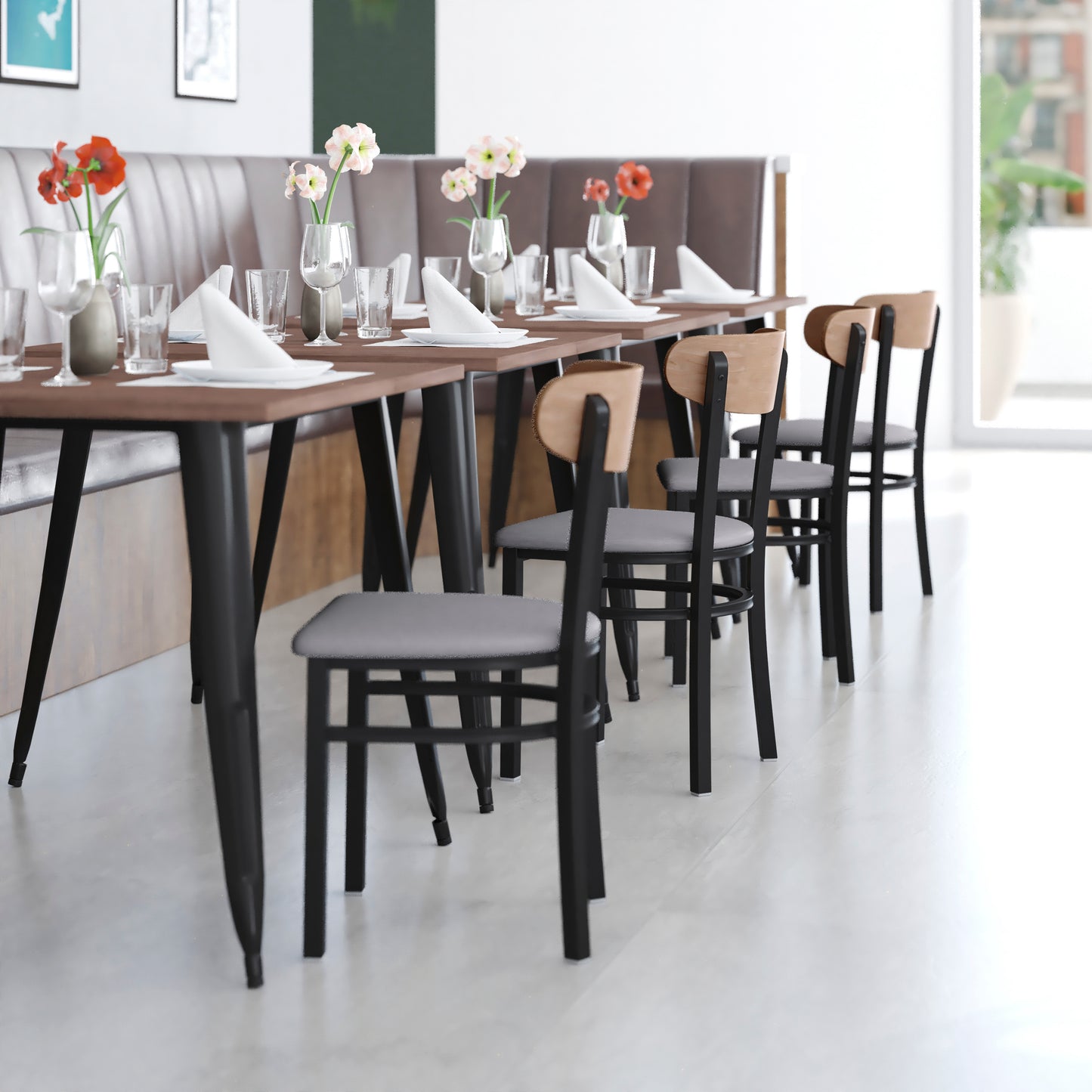 Wright Commercial Dining Chair with 500 LB. Capacity Black Steel Frame, Natural Birch Finish Wooden Boomerang Back, and Gray Vinyl Seat Natural Birch Wood Back/Gray Vinyl Seat
