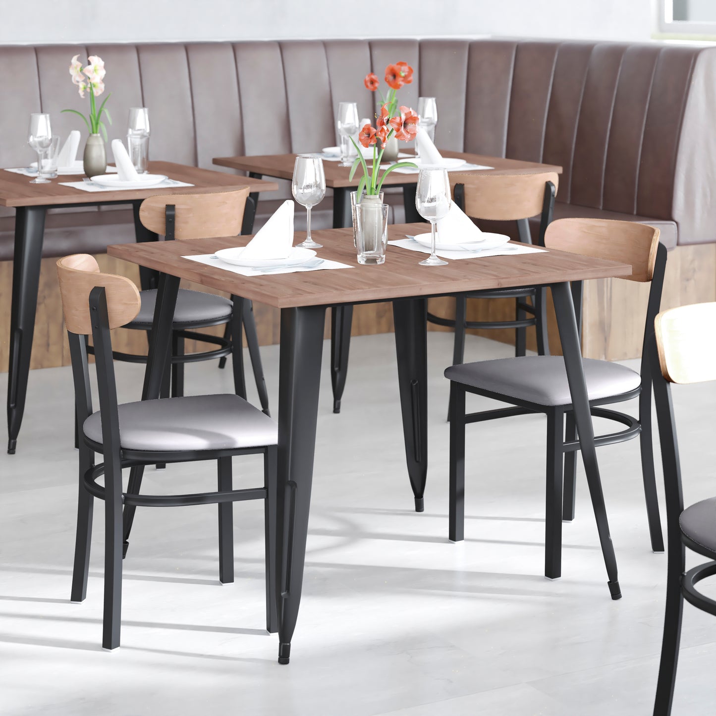 Wright Commercial Dining Chair with 500 LB. Capacity Black Steel Frame, Natural Birch Finish Wooden Boomerang Back, and Gray Vinyl Seat Natural Birch Wood Back/Gray Vinyl Seat