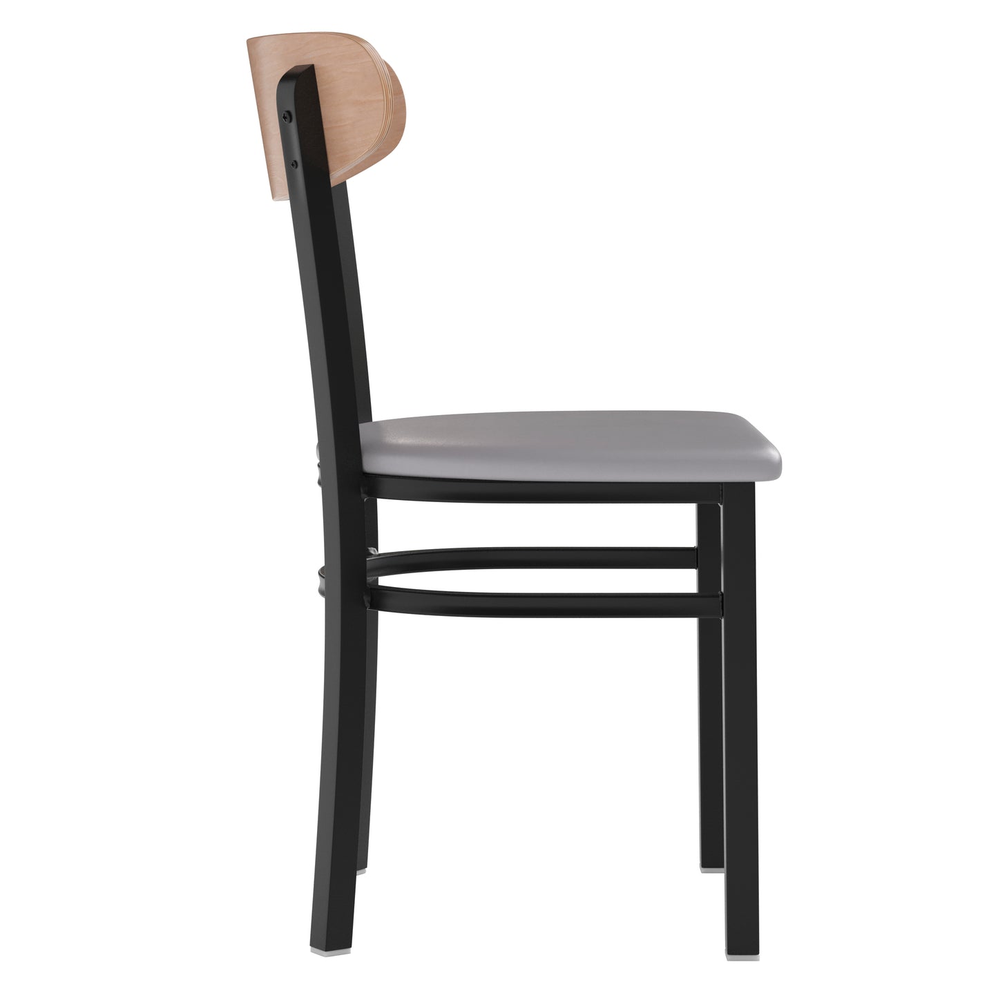 Wright Commercial Dining Chair with 500 LB. Capacity Black Steel Frame, Natural Birch Finish Wooden Boomerang Back, and Gray Vinyl Seat Natural Birch Wood Back/Gray Vinyl Seat