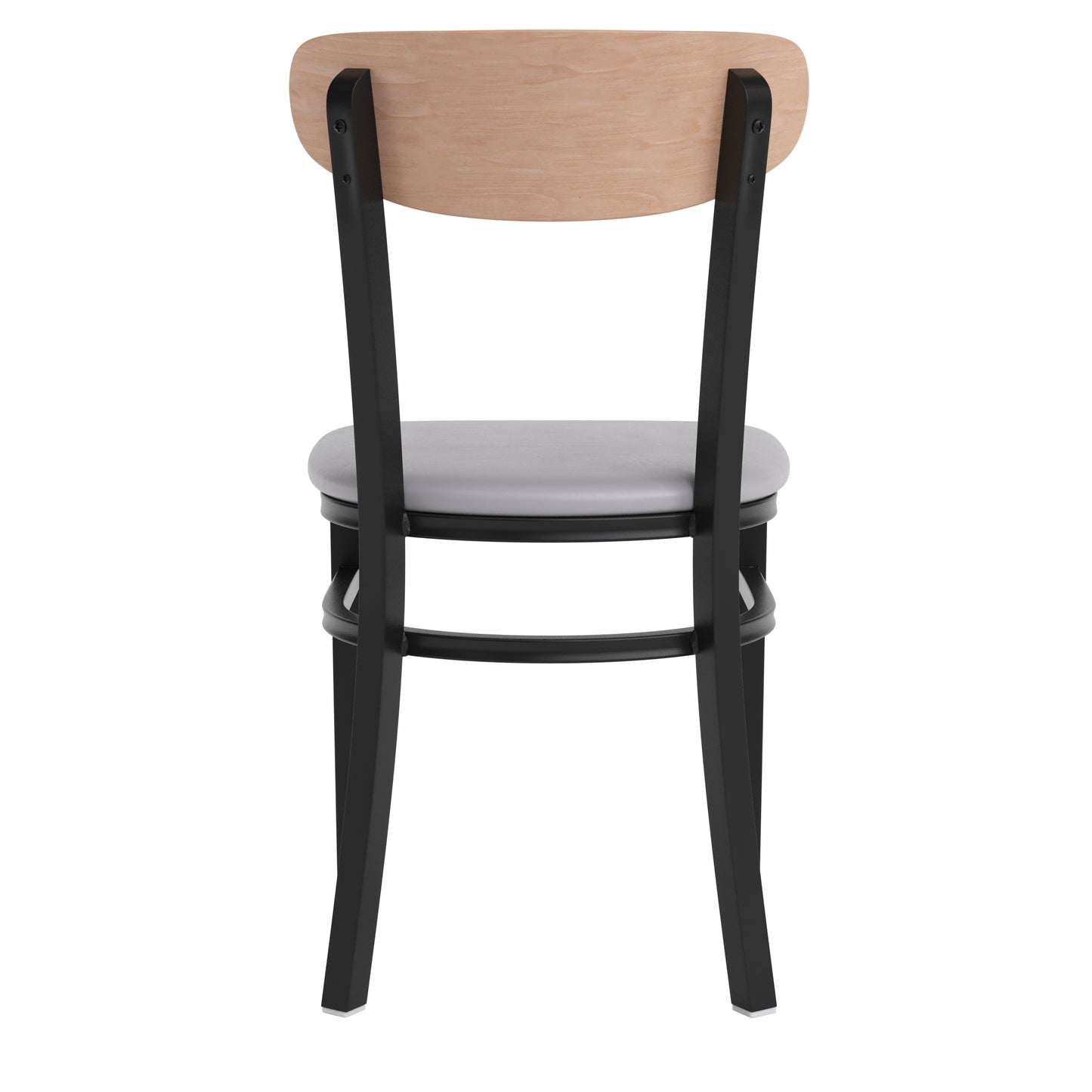 Wright Commercial Dining Chair with 500 LB. Capacity Black Steel Frame, Natural Birch Finish Wooden Boomerang Back, and Gray Vinyl Seat Natural Birch Wood Back/Gray Vinyl Seat