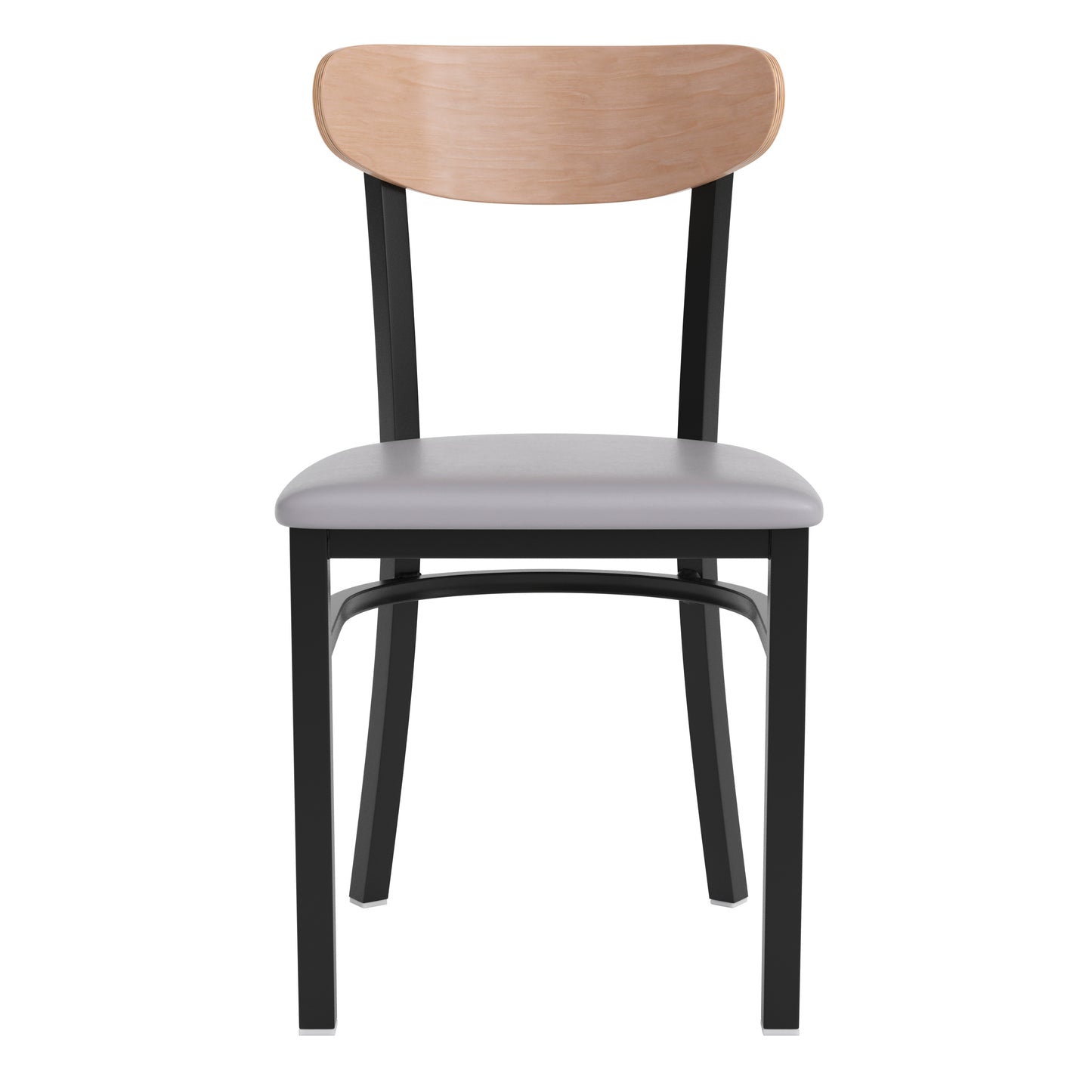 Wright Commercial Dining Chair with 500 LB. Capacity Black Steel Frame, Natural Birch Finish Wooden Boomerang Back, and Gray Vinyl Seat Natural Birch Wood Back/Gray Vinyl Seat