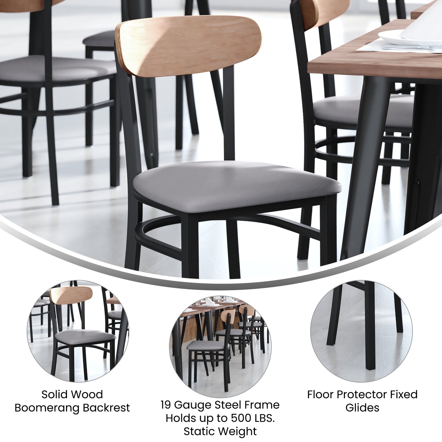 Wright Commercial Dining Chair with 500 LB. Capacity Black Steel Frame, Natural Birch Finish Wooden Boomerang Back, and Gray Vinyl Seat Natural Birch Wood Back/Gray Vinyl Seat