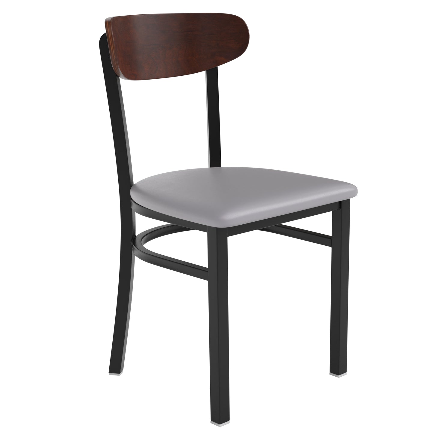 Wright Commercial Dining Chair with 500 LB. Capacity Black Steel Frame, Walnut Finish Wooden Boomerang Back, and Gray Vinyl Seat Walnut Wood Back/Gray Vinyl Seat