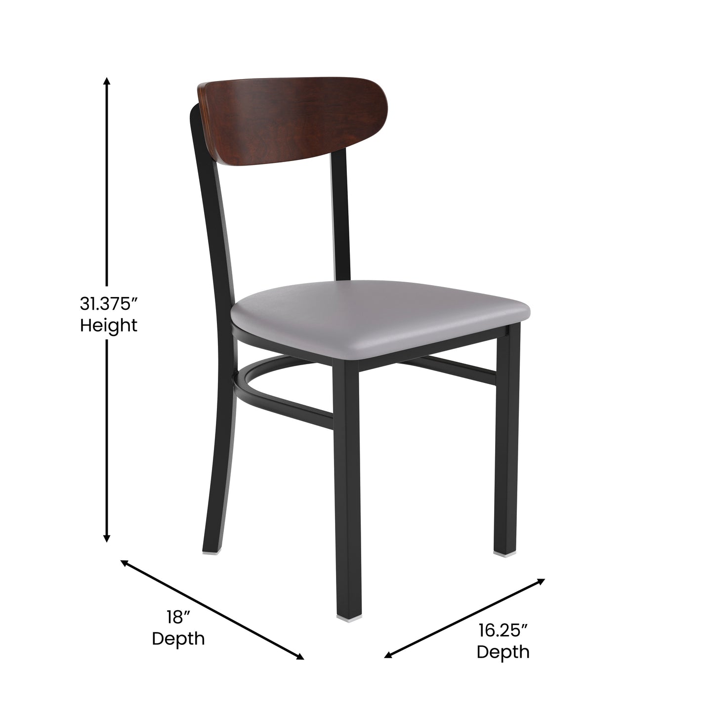 Wright Commercial Dining Chair with 500 LB. Capacity Black Steel Frame, Walnut Finish Wooden Boomerang Back, and Gray Vinyl Seat Walnut Wood Back/Gray Vinyl Seat