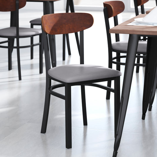 Wright Commercial Dining Chair with 500 LB. Capacity Black Steel Frame, Walnut Finish Wooden Boomerang Back, and Gray Vinyl Seat Walnut Wood Back/Gray Vinyl Seat XU-DG6V5GYV-WAL-GG