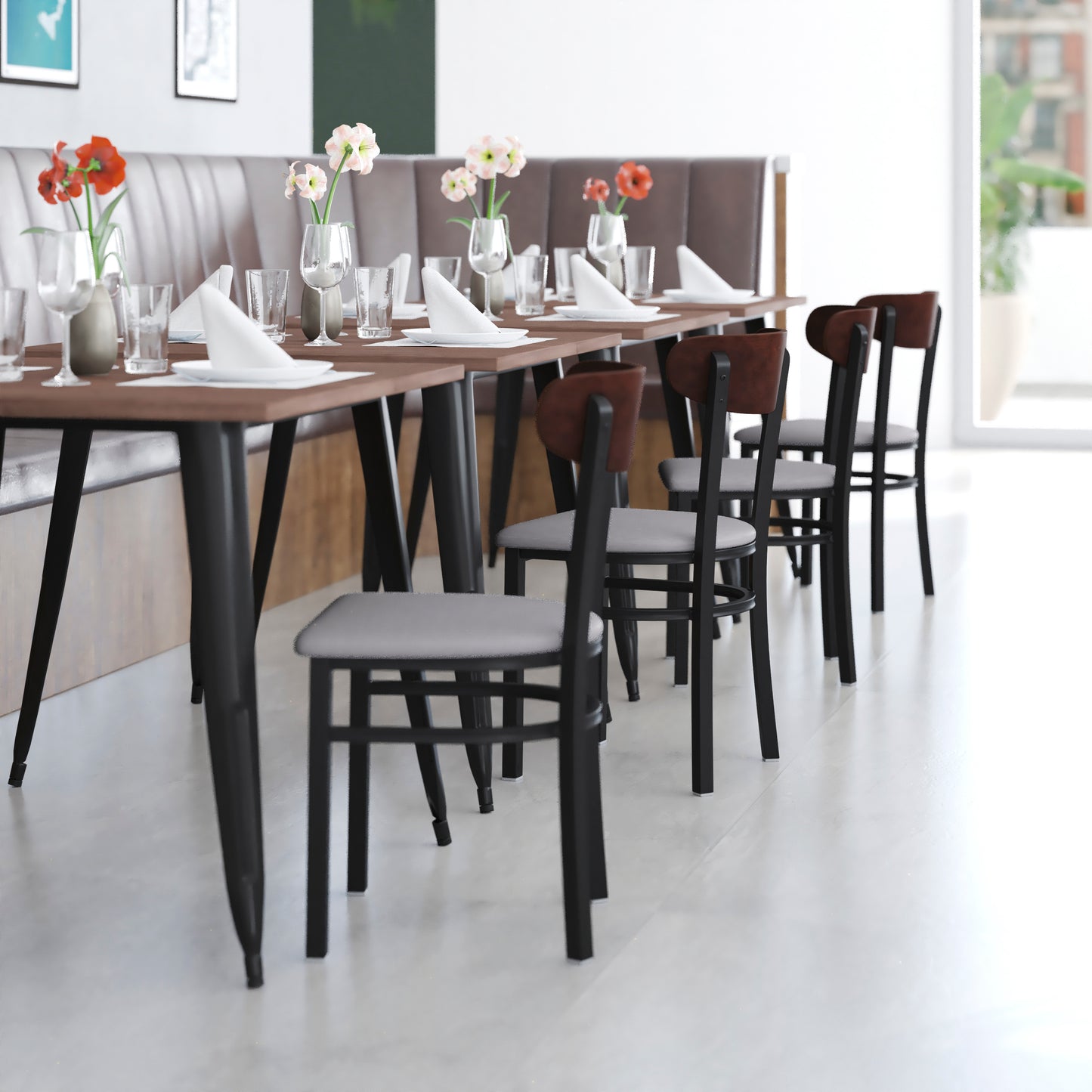 Wright Commercial Dining Chair with 500 LB. Capacity Black Steel Frame, Walnut Finish Wooden Boomerang Back, and Gray Vinyl Seat Walnut Wood Back/Gray Vinyl Seat