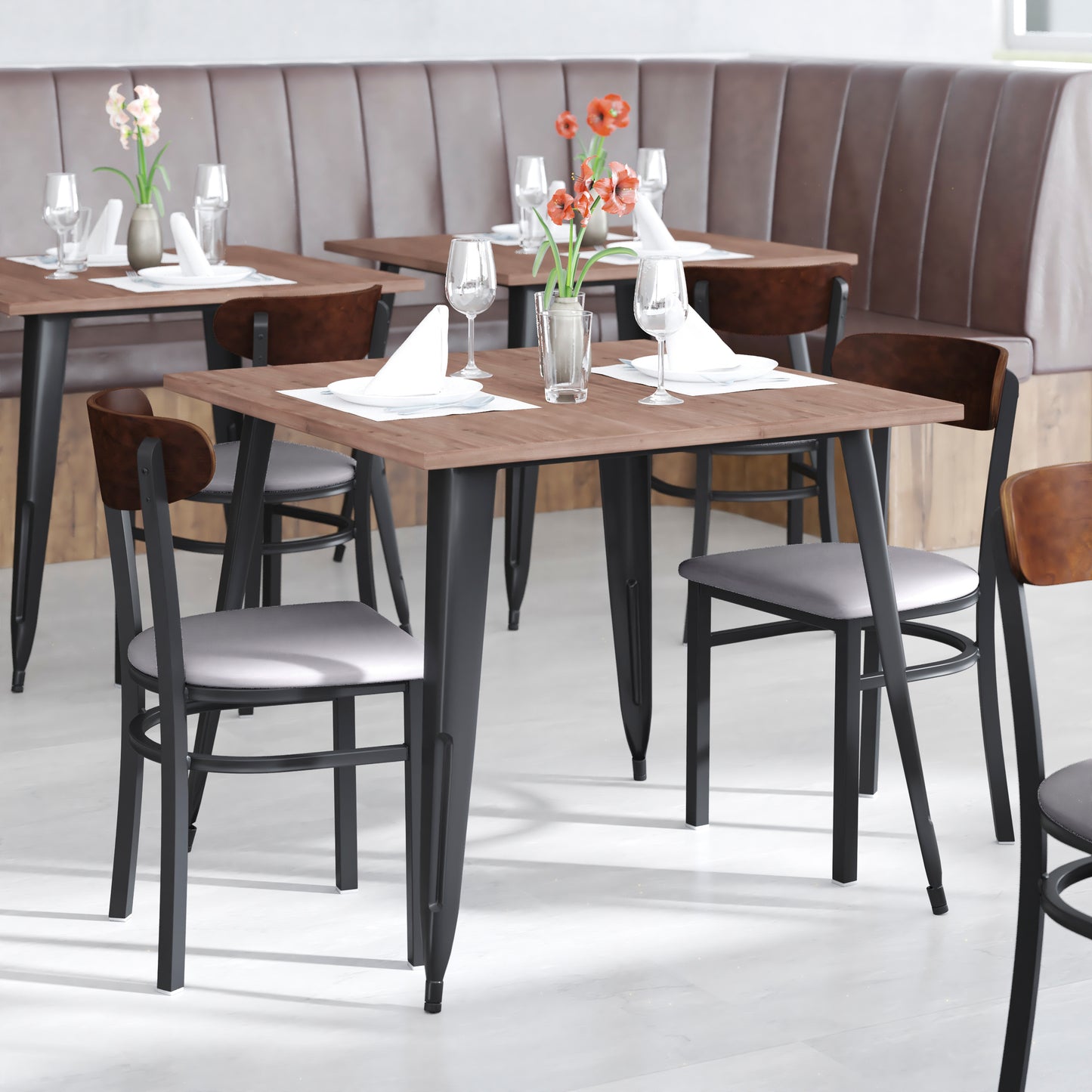 Wright Commercial Dining Chair with 500 LB. Capacity Black Steel Frame, Walnut Finish Wooden Boomerang Back, and Gray Vinyl Seat Walnut Wood Back/Gray Vinyl Seat