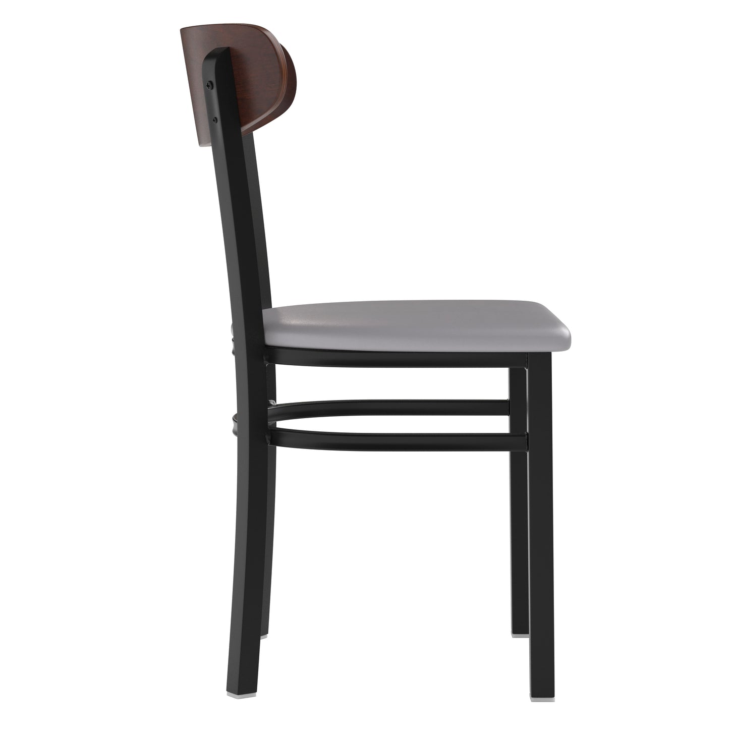 Wright Commercial Dining Chair with 500 LB. Capacity Black Steel Frame, Walnut Finish Wooden Boomerang Back, and Gray Vinyl Seat Walnut Wood Back/Gray Vinyl Seat