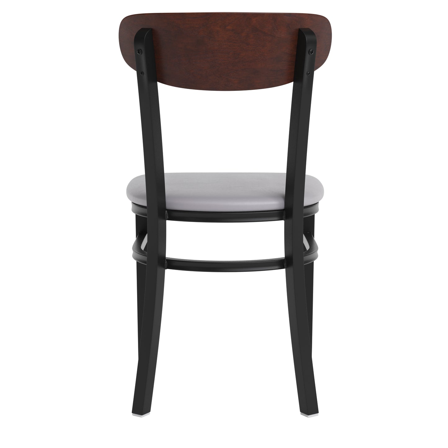 Wright Commercial Dining Chair with 500 LB. Capacity Black Steel Frame, Walnut Finish Wooden Boomerang Back, and Gray Vinyl Seat Walnut Wood Back/Gray Vinyl Seat