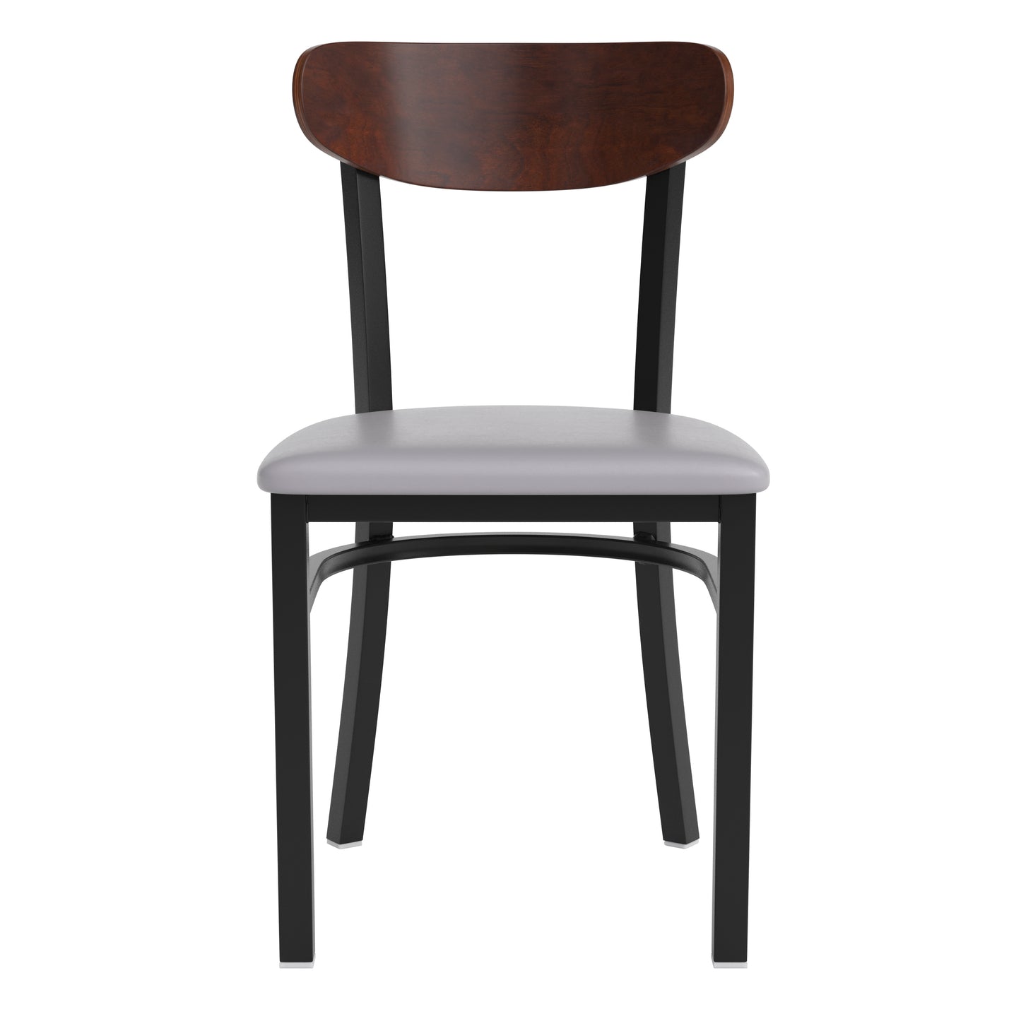 Wright Commercial Dining Chair with 500 LB. Capacity Black Steel Frame, Walnut Finish Wooden Boomerang Back, and Gray Vinyl Seat Walnut Wood Back/Gray Vinyl Seat