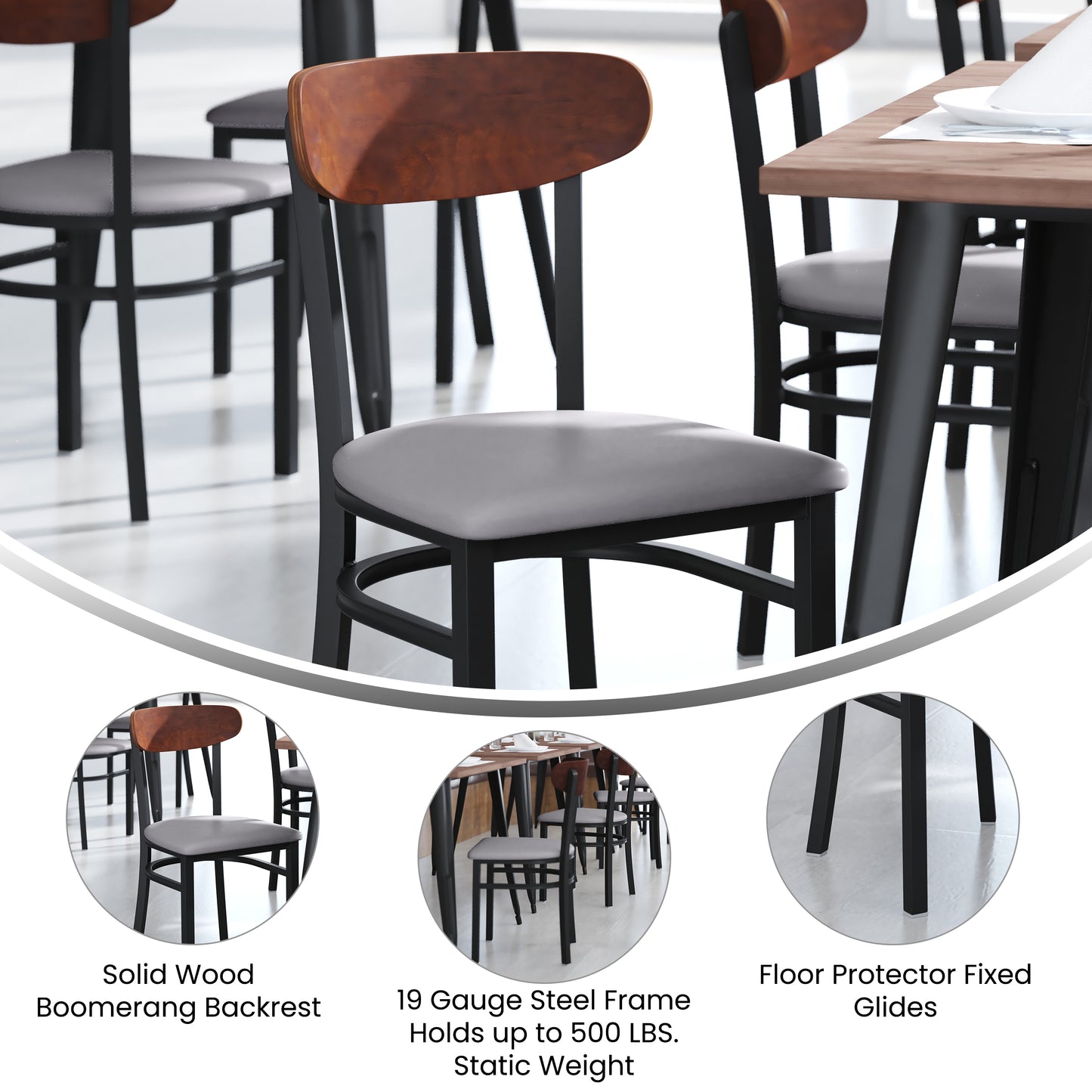 Wright Commercial Dining Chair with 500 LB. Capacity Black Steel Frame, Walnut Finish Wooden Boomerang Back, and Gray Vinyl Seat Walnut Wood Back/Gray Vinyl Seat