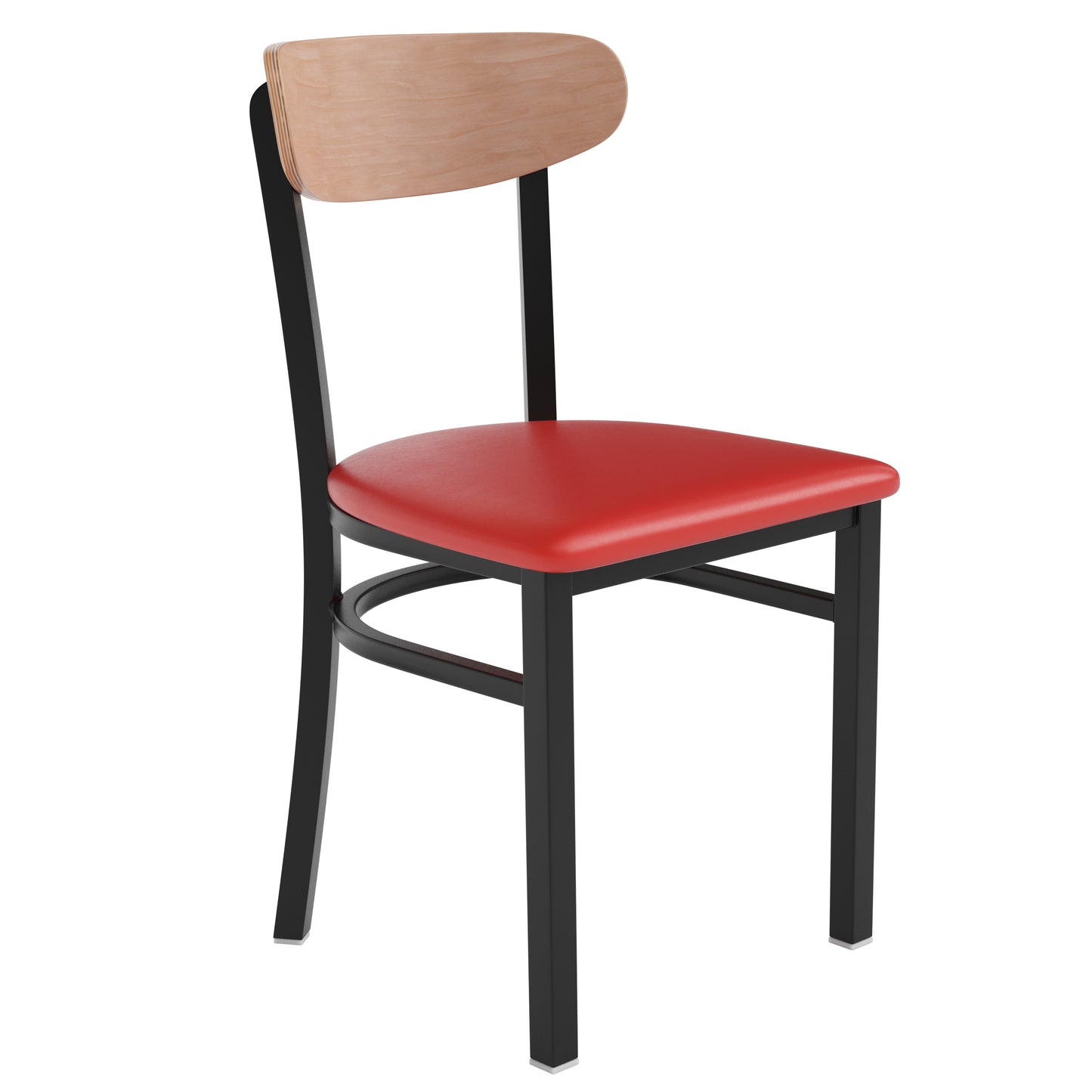 Wright Commercial Dining Chair with 500 LB. Capacity Black Steel Frame, Natural Birch Finish Wooden Boomerang Back, and Red Vinyl Seat Natural Birch Wood Back/Red Vinyl Seat