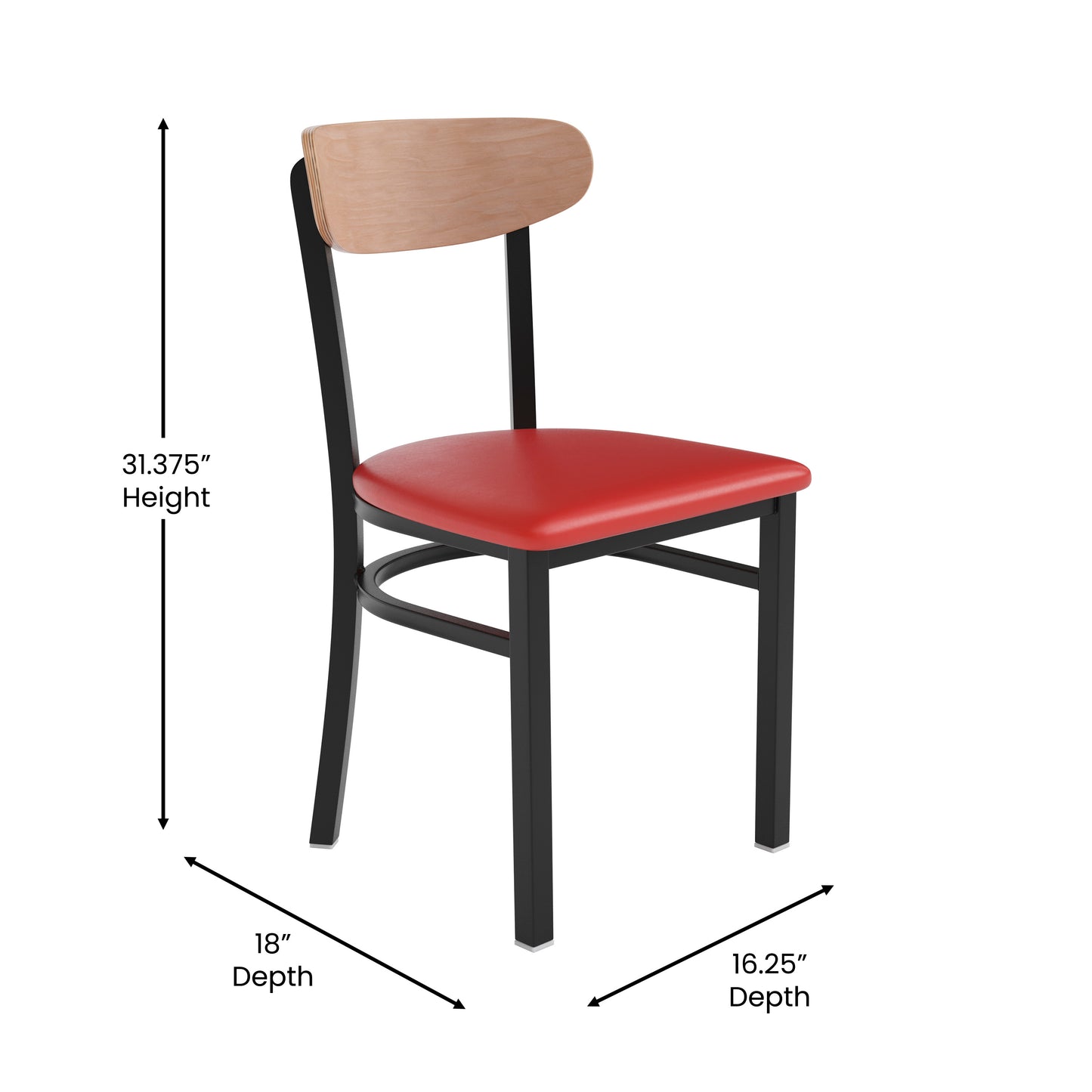 Wright Commercial Dining Chair with 500 LB. Capacity Black Steel Frame, Natural Birch Finish Wooden Boomerang Back, and Red Vinyl Seat Natural Birch Wood Back/Red Vinyl Seat