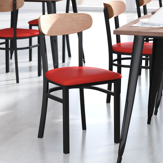 Wright Commercial Dining Chair with 500 LB. Capacity Black Steel Frame, Natural Birch Finish Wooden Boomerang Back, and Red Vinyl Seat Natural Birch Wood Back/Red Vinyl Seat XU-DG6V5RDV-NAT-GG