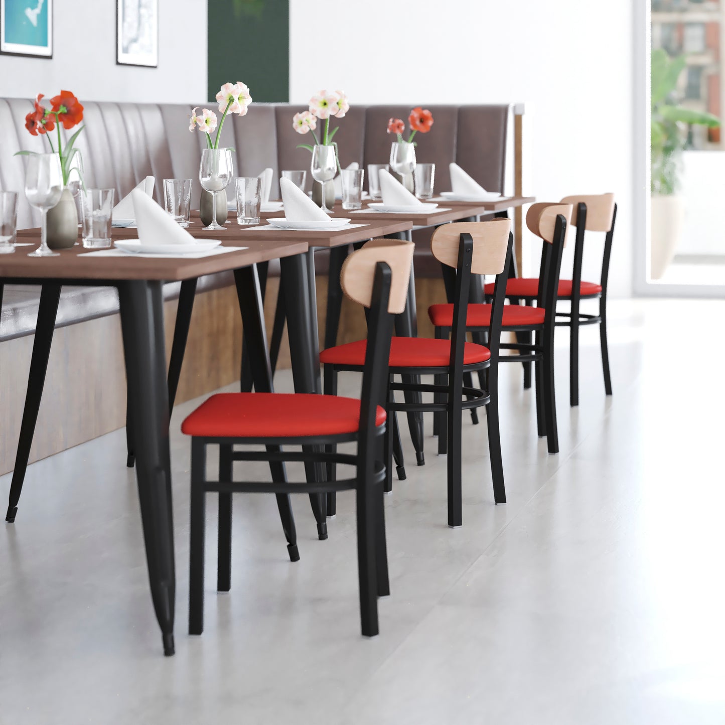 Wright Commercial Dining Chair with 500 LB. Capacity Black Steel Frame, Natural Birch Finish Wooden Boomerang Back, and Red Vinyl Seat Natural Birch Wood Back/Red Vinyl Seat