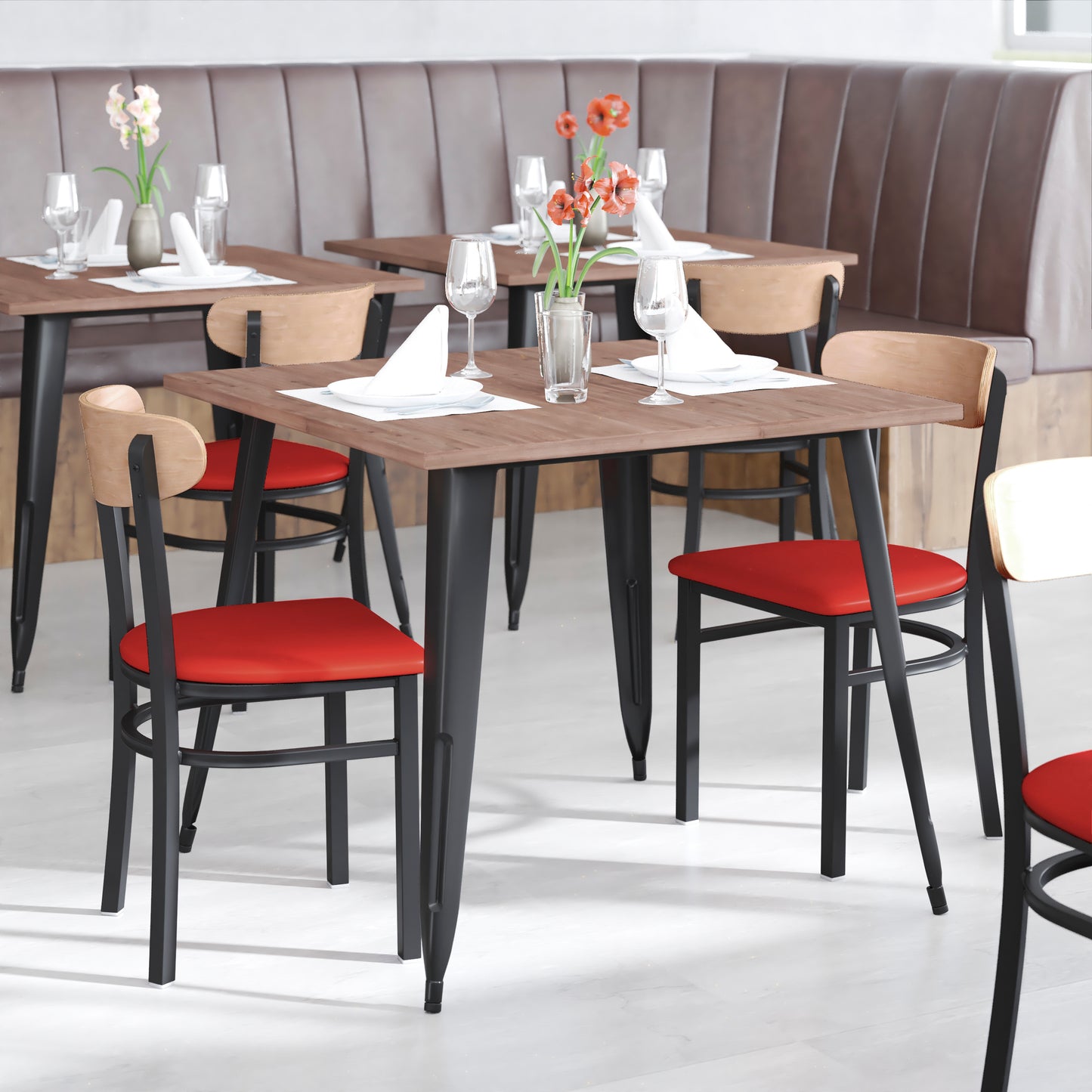 Wright Commercial Dining Chair with 500 LB. Capacity Black Steel Frame, Natural Birch Finish Wooden Boomerang Back, and Red Vinyl Seat Natural Birch Wood Back/Red Vinyl Seat