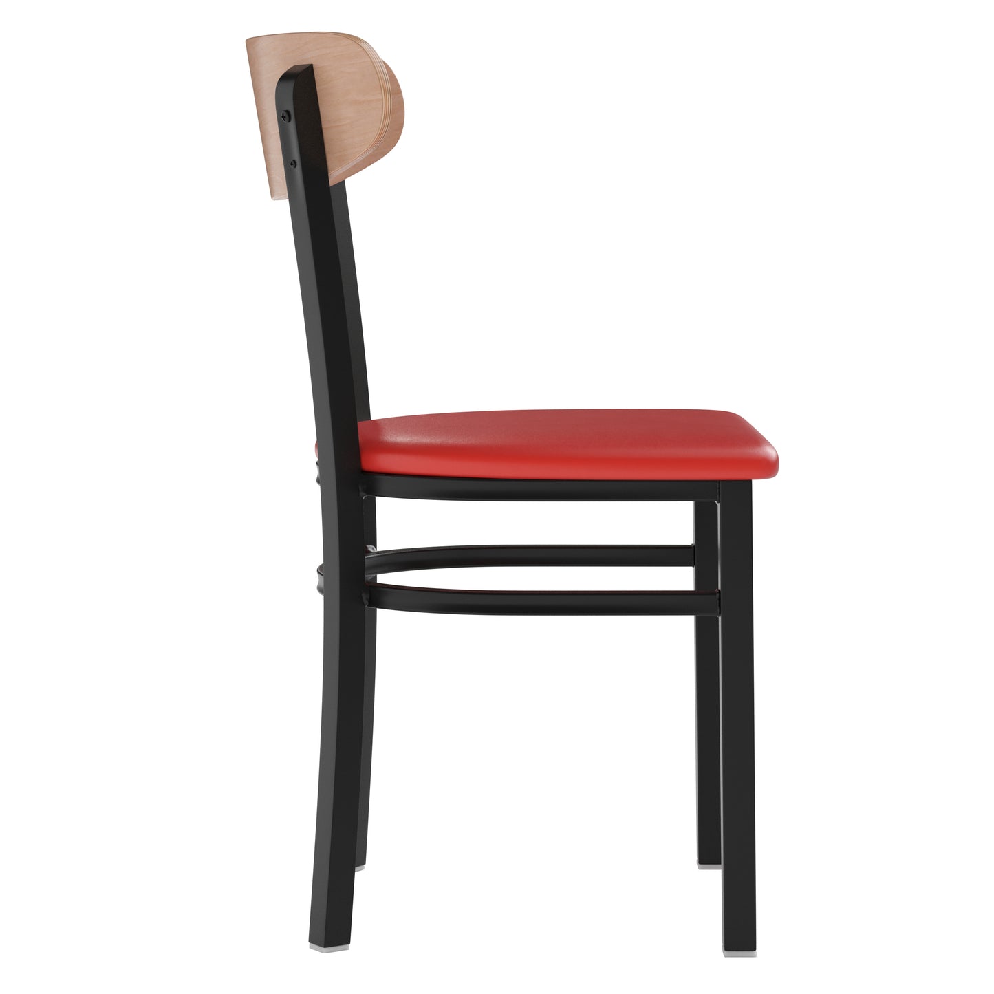 Wright Commercial Dining Chair with 500 LB. Capacity Black Steel Frame, Natural Birch Finish Wooden Boomerang Back, and Red Vinyl Seat Natural Birch Wood Back/Red Vinyl Seat