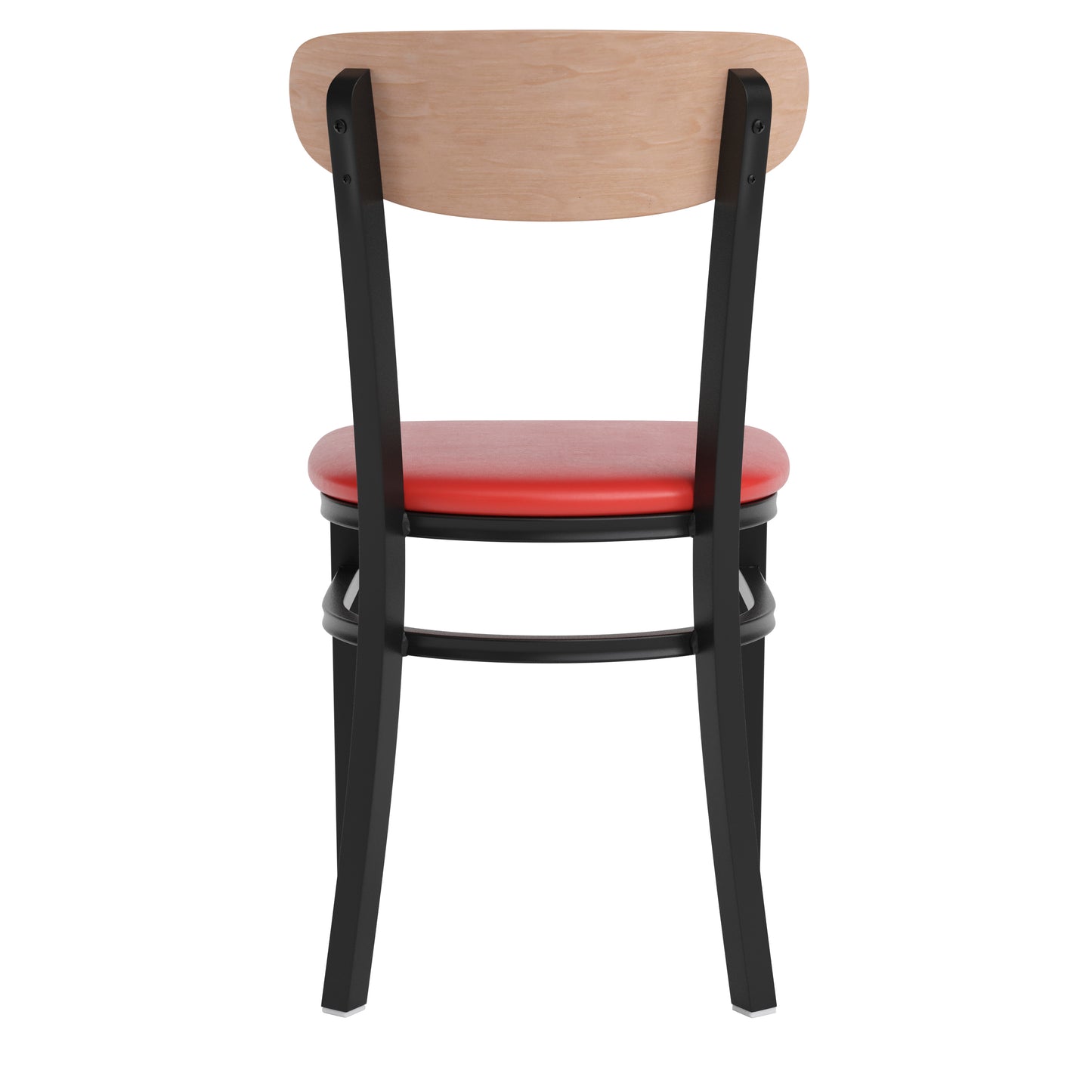 Wright Commercial Dining Chair with 500 LB. Capacity Black Steel Frame, Natural Birch Finish Wooden Boomerang Back, and Red Vinyl Seat Natural Birch Wood Back/Red Vinyl Seat