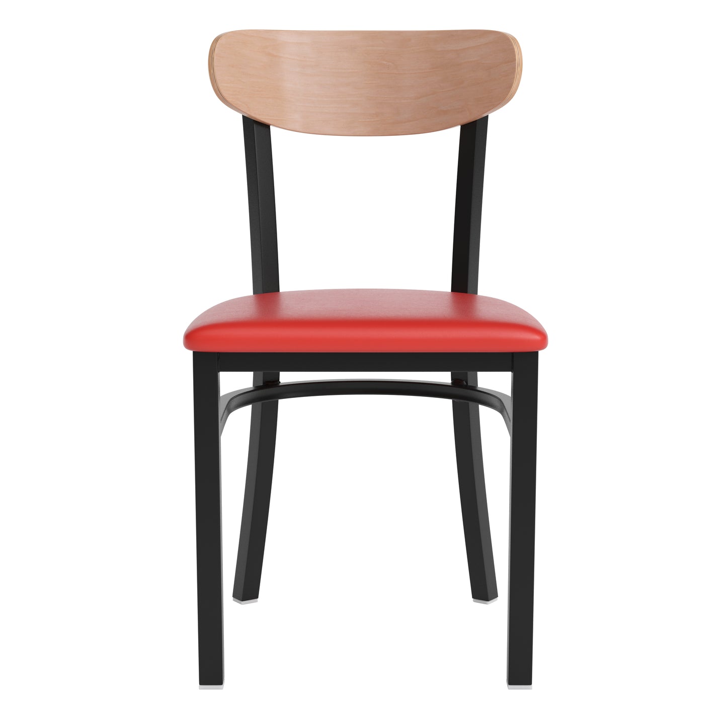 Wright Commercial Dining Chair with 500 LB. Capacity Black Steel Frame, Natural Birch Finish Wooden Boomerang Back, and Red Vinyl Seat Natural Birch Wood Back/Red Vinyl Seat