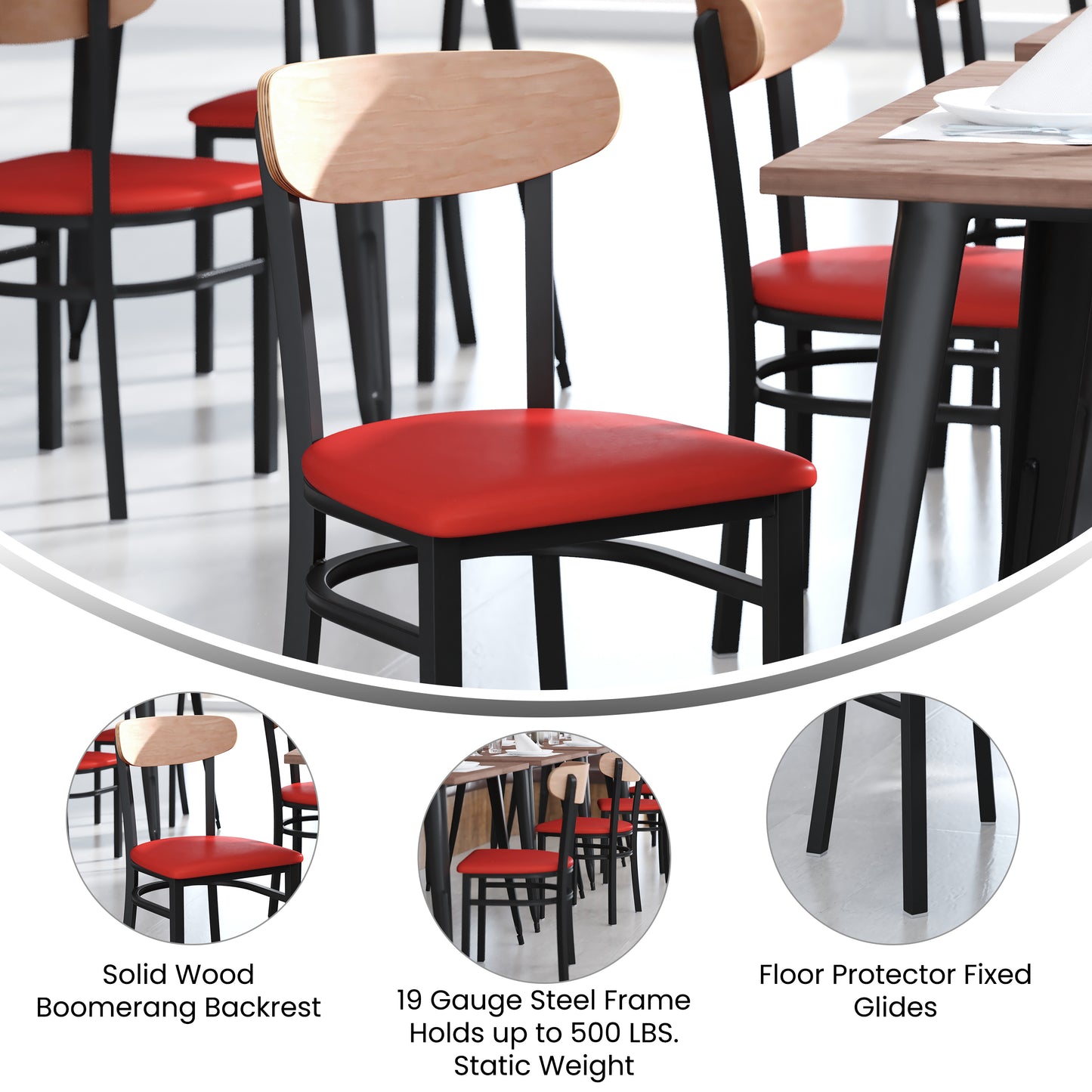 Wright Commercial Dining Chair with 500 LB. Capacity Black Steel Frame, Natural Birch Finish Wooden Boomerang Back, and Red Vinyl Seat Natural Birch Wood Back/Red Vinyl Seat