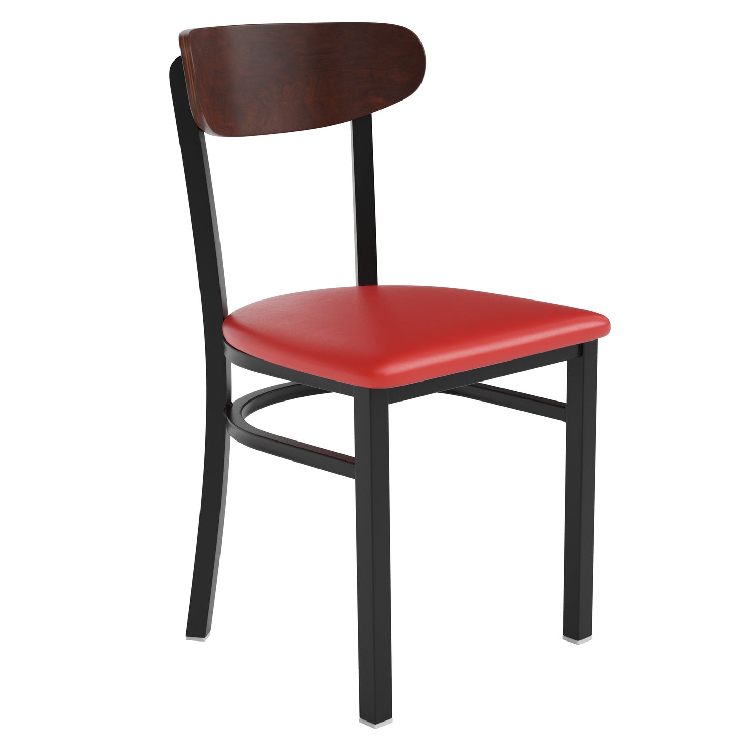 Wright Commercial Dining Chair with 500 LB. Capacity Black Steel Frame, Walnut Finish Wooden Boomerang Back, and Red Vinyl Seat Walnut Wood Back/Red Vinyl Seat
