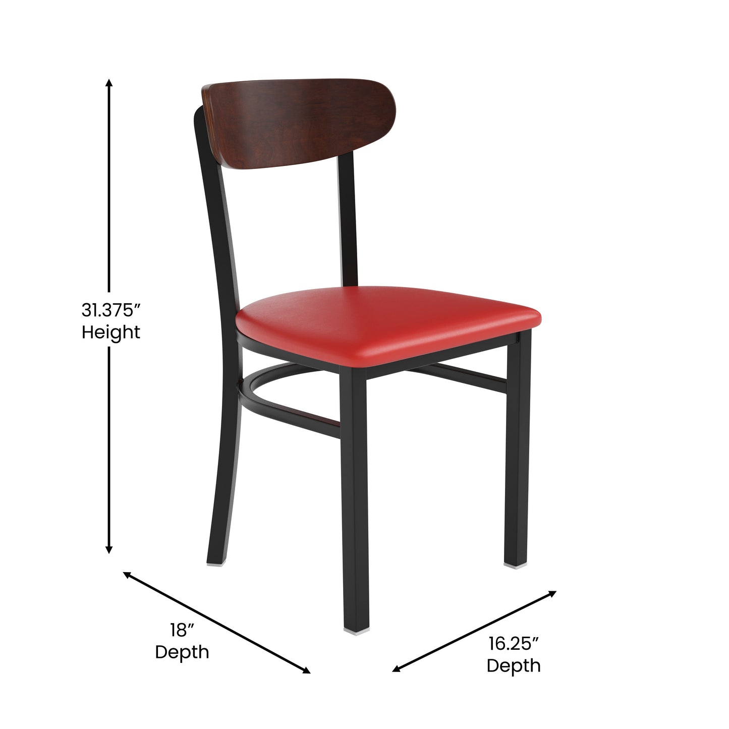 Wright Commercial Dining Chair with 500 LB. Capacity Black Steel Frame, Walnut Finish Wooden Boomerang Back, and Red Vinyl Seat Walnut Wood Back/Red Vinyl Seat