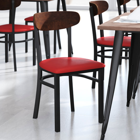 Wright Commercial Dining Chair with 500 LB. Capacity Black Steel Frame, Walnut Finish Wooden Boomerang Back, and Red Vinyl Seat Walnut Wood Back/Red Vinyl Seat XU-DG6V5RDV-WAL-GG